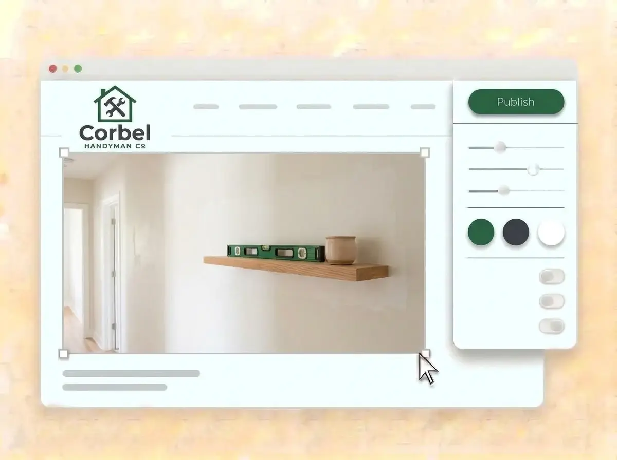 Editing the Corbel website with a photo of a newly mounted shelf and a patched hallway wall selected, the style panel open and the green Publish button ready