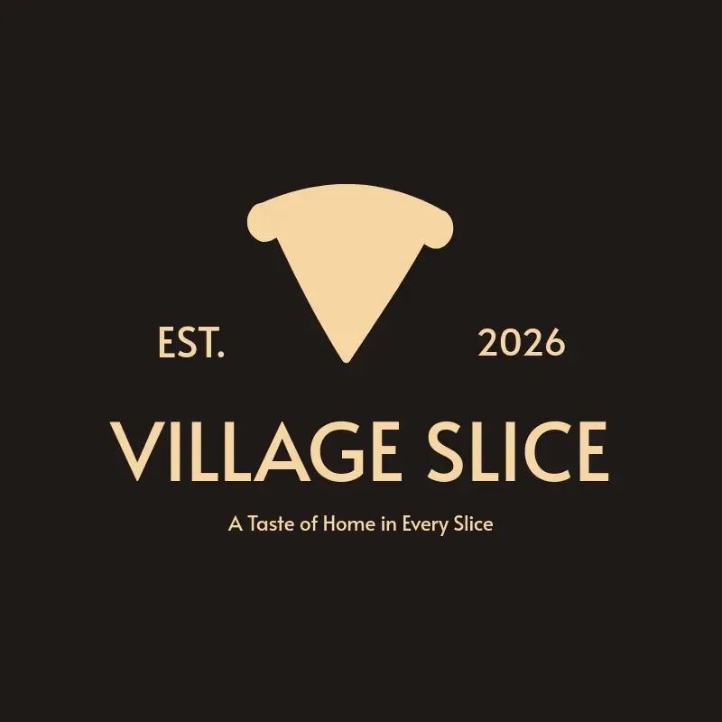 The pizza shop name Village Slice as a branded logo with a single color icon