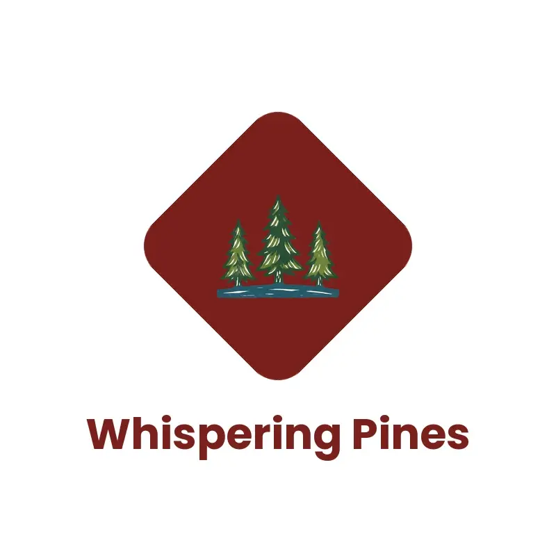 The hotel name Whispering Pines as a branded logo in a linocut style
