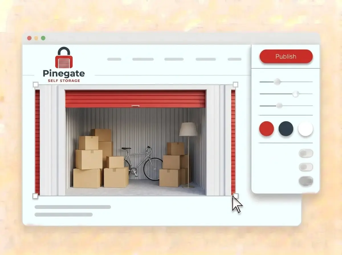 Editing the Pinegate website with a photo of an open storage unit full of moving boxes selected, the style panel open and the red Publish button ready