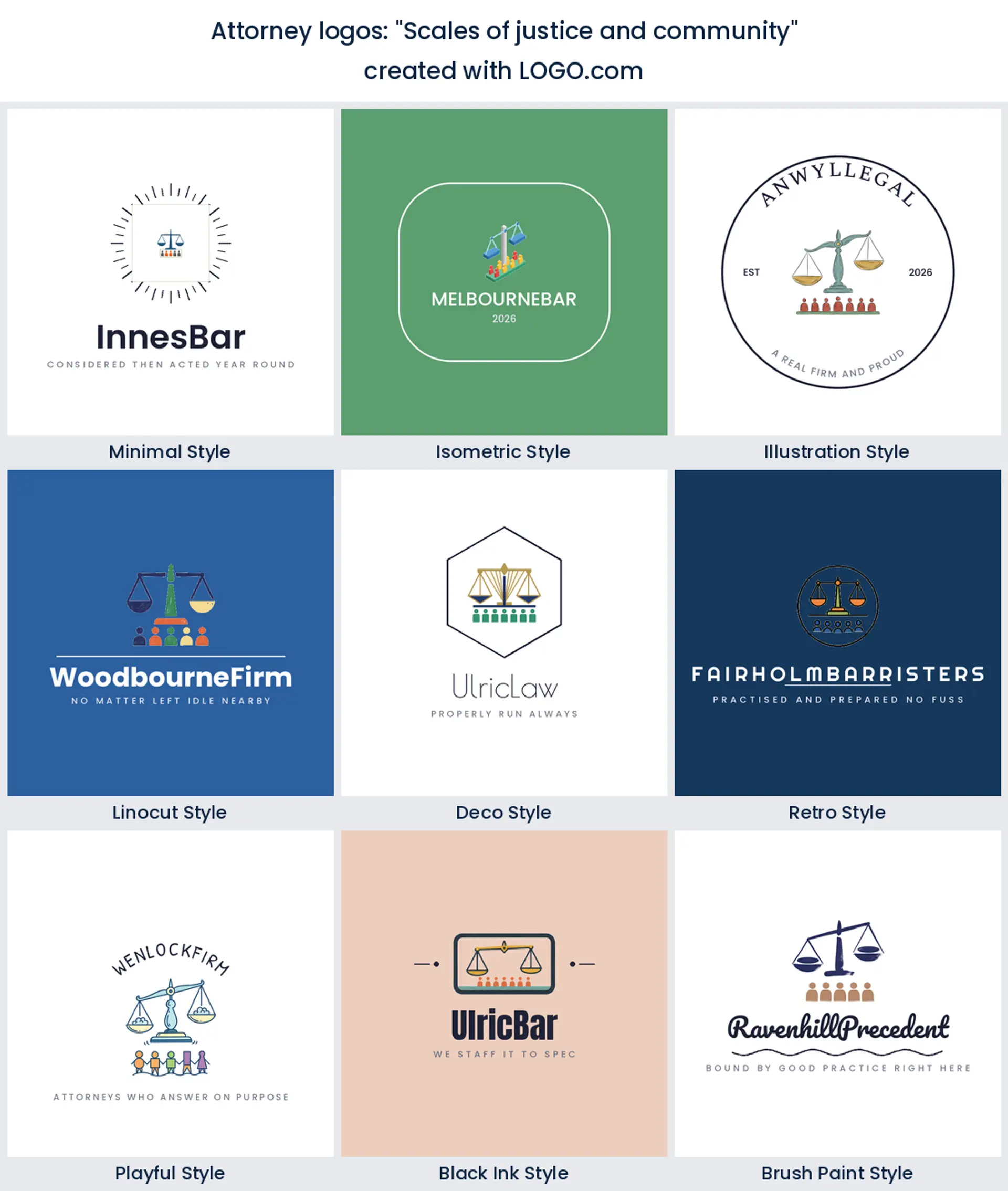 Nine styles of legal firm logo with balanced scales above a row of small figures