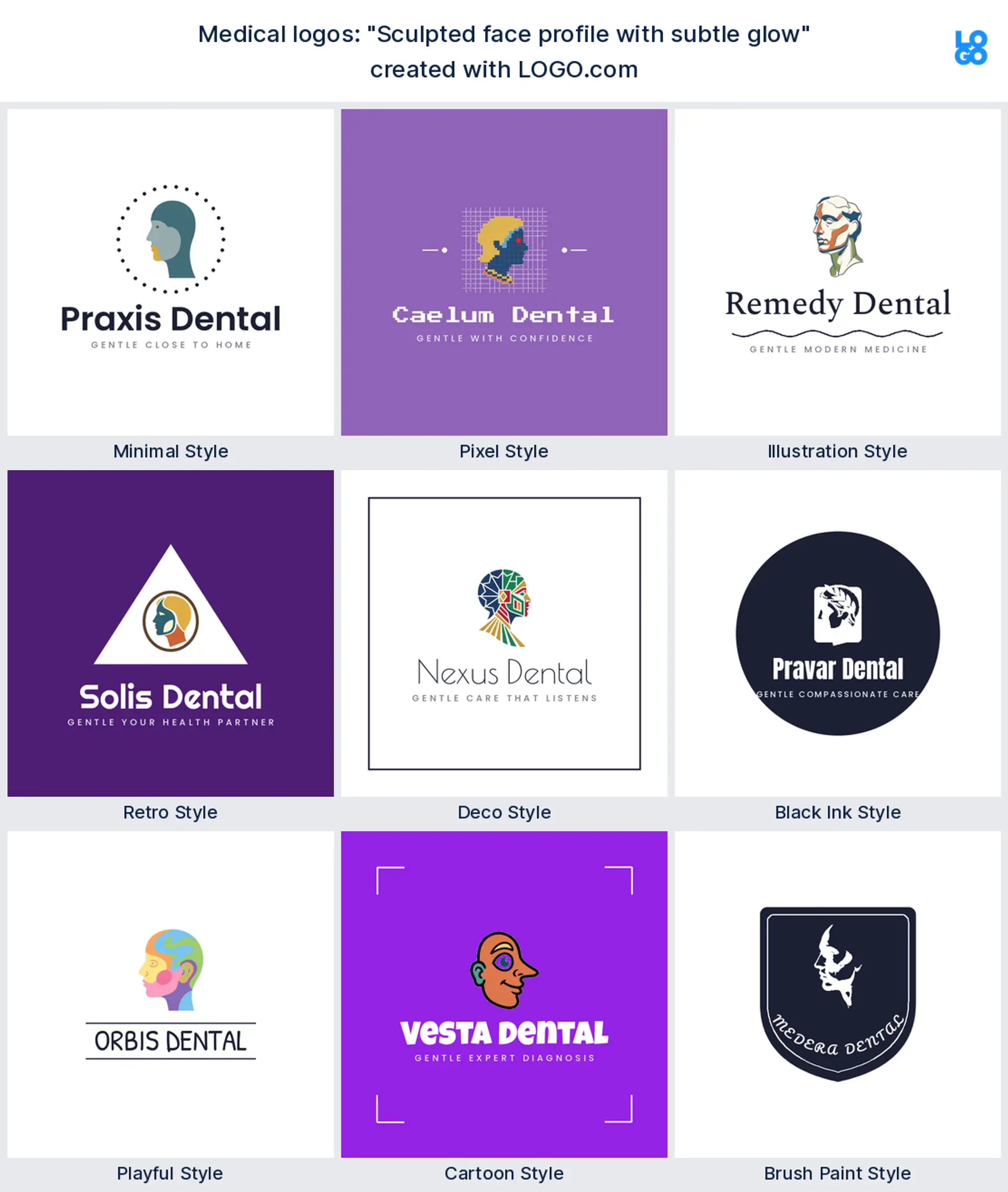 The "Sculpted face profile with subtle glow" medical logo idea shown across nine LOGO.com styles