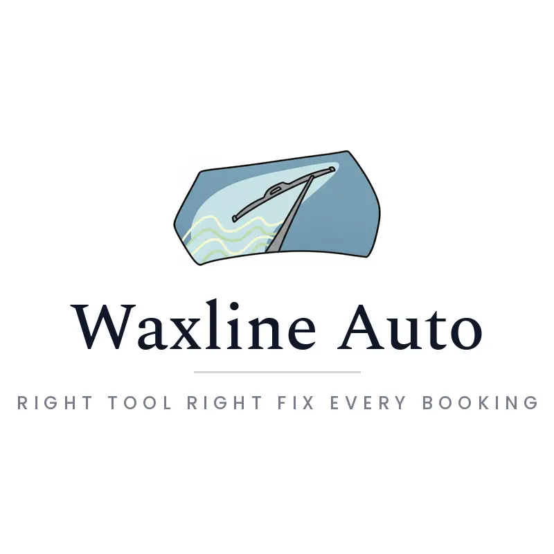 An illustrated windshield and wiper blade above a serif auto glass wordmark on white.