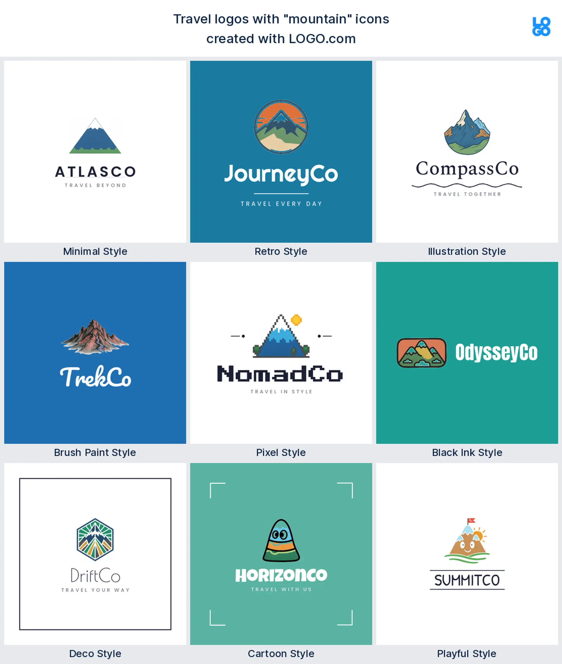 Mountain travel logo shown in nine LOGO.com styles