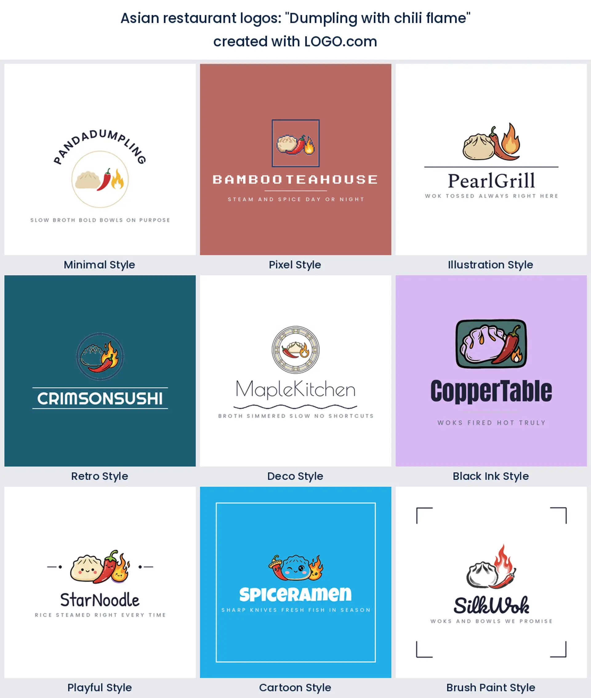 Dumpling with chili flame Asian restaurant logo in nine styles.