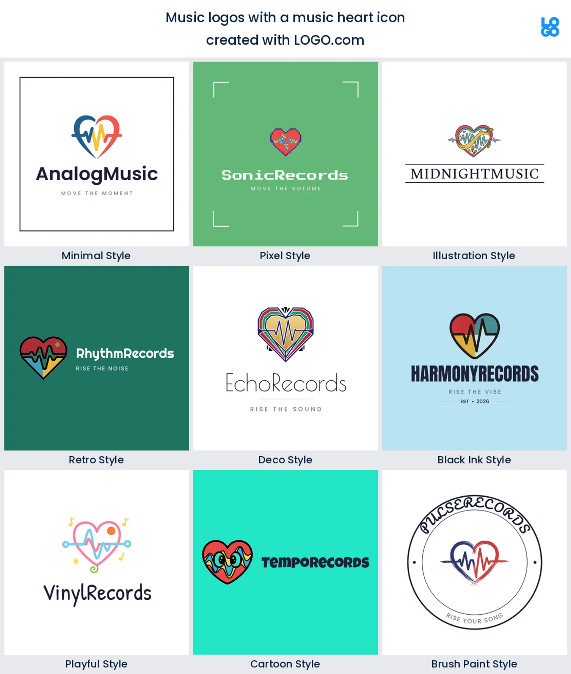 Music heart logo shown in nine LOGO.com styles