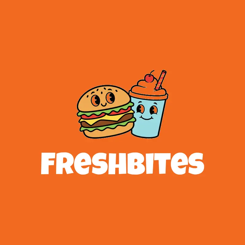 A cartoon hamburger and milkshake logo on an orange background.