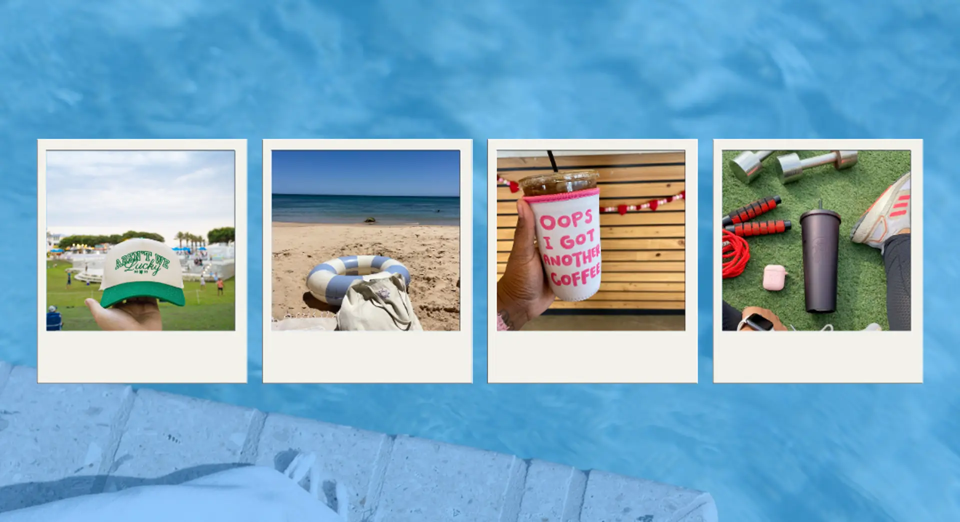 Polaroid-style collage showing custom branded summer merchandise in action—hat at a park, tote bag on beach, iced coffee in branded sleeve, and drinkware near workout gear