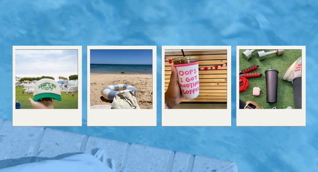 Polaroid-style collage showing custom branded summer merchandise in action—hat at a park, tote bag on beach, iced coffee in branded sleeve, and drinkware near workout gear