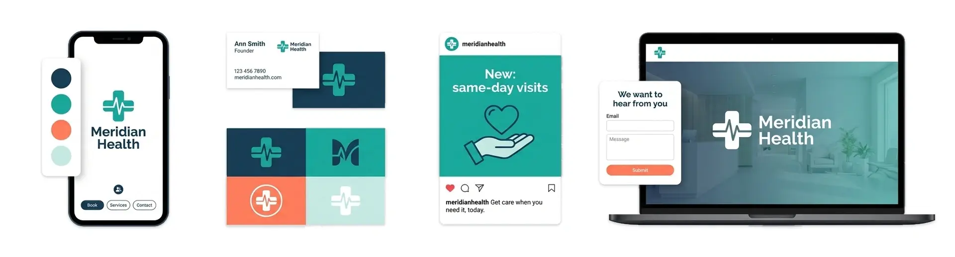 A healthcare logo maker showing a clinic brand across a sign, a name badge, and a booking app