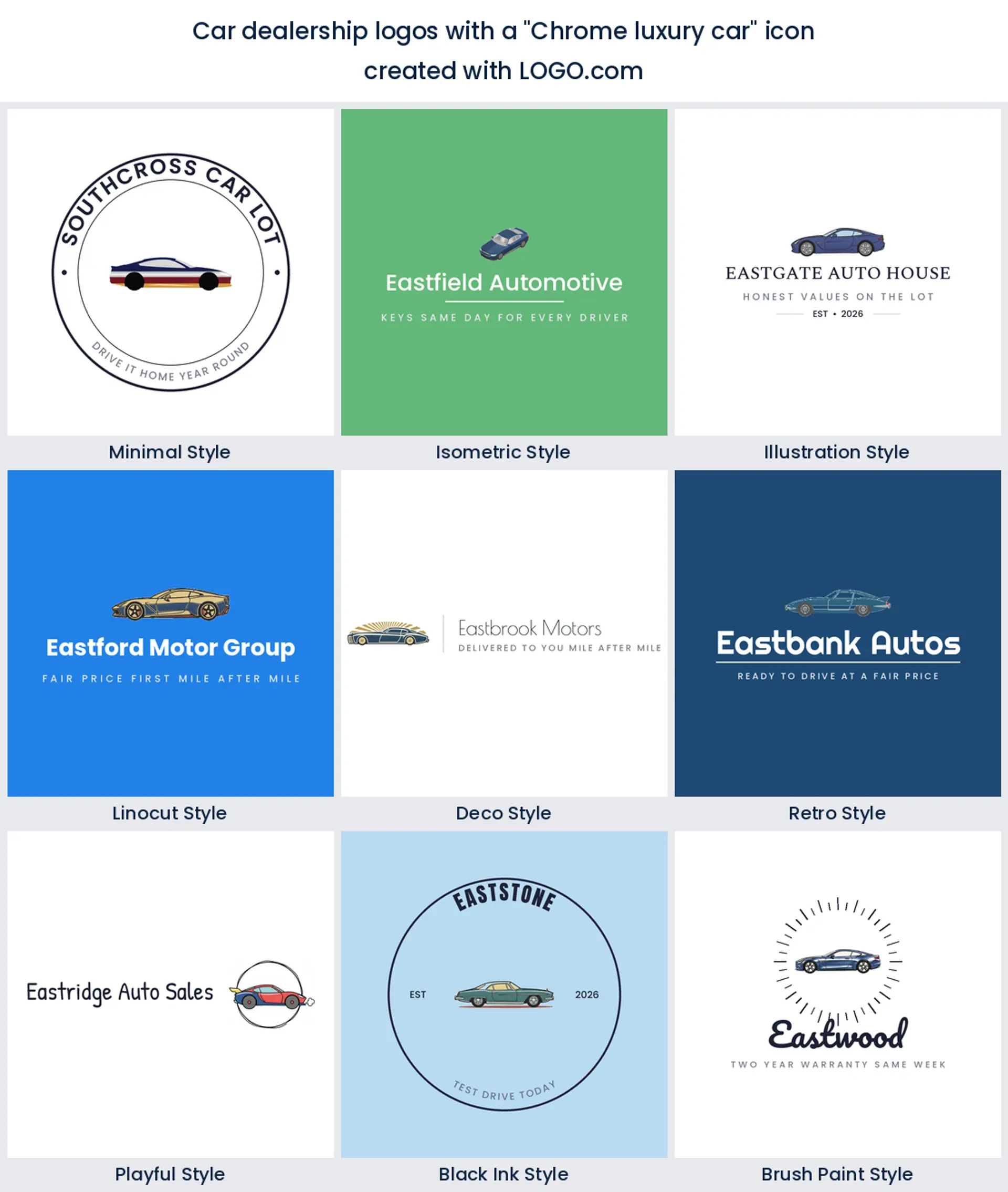 Chrome and luxury automotive logo shown in nine LOGO.com styles