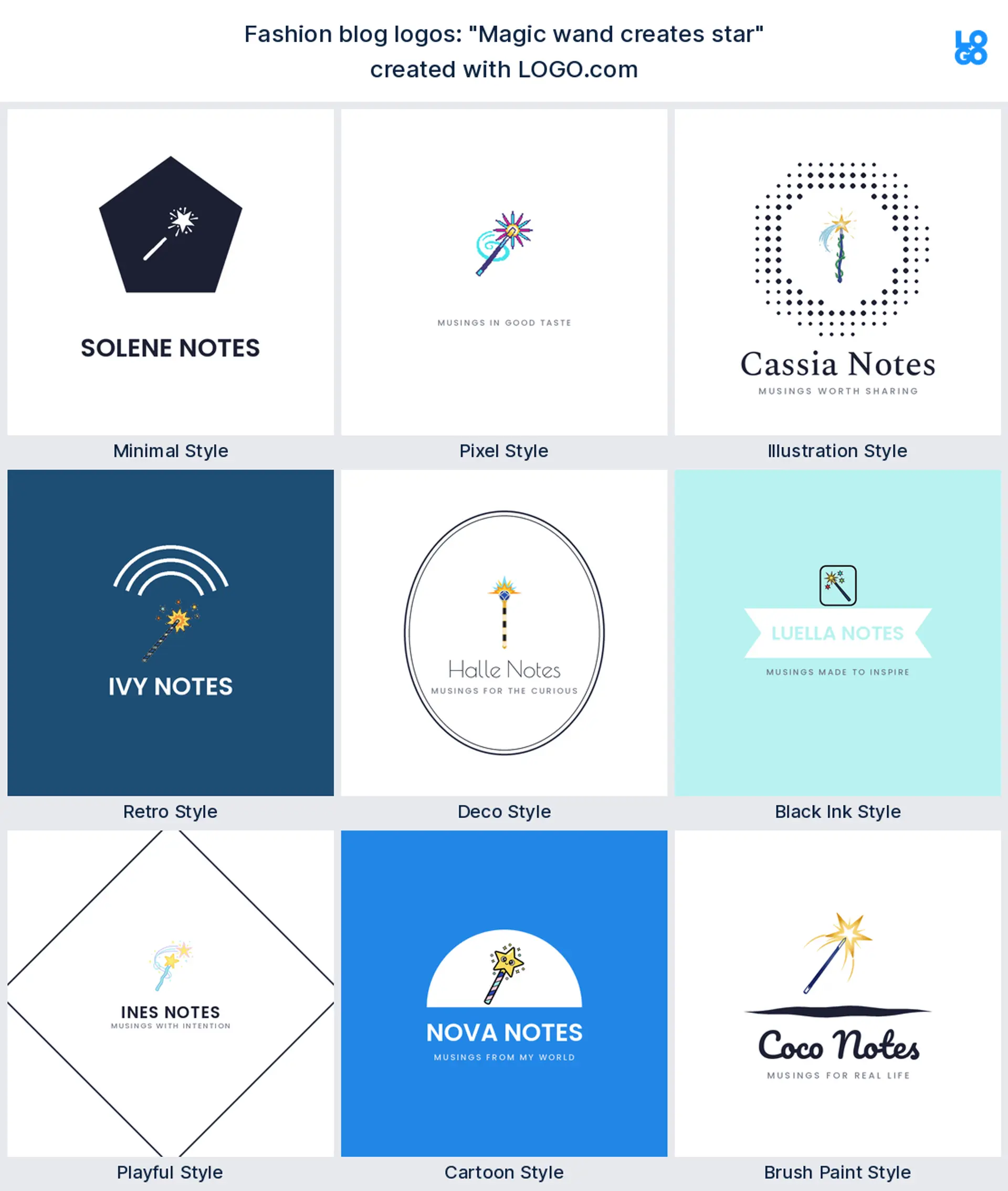The "Magic wand creates star" logo idea shown across nine LOGO.com styles