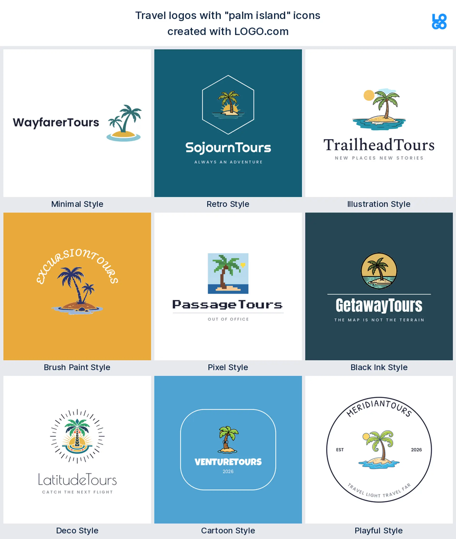 Palm island, deco travel logo shown in nine LOGO.com styles