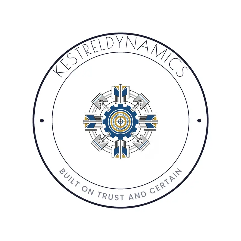 An art deco logo built from engineering blueprint machine parts.