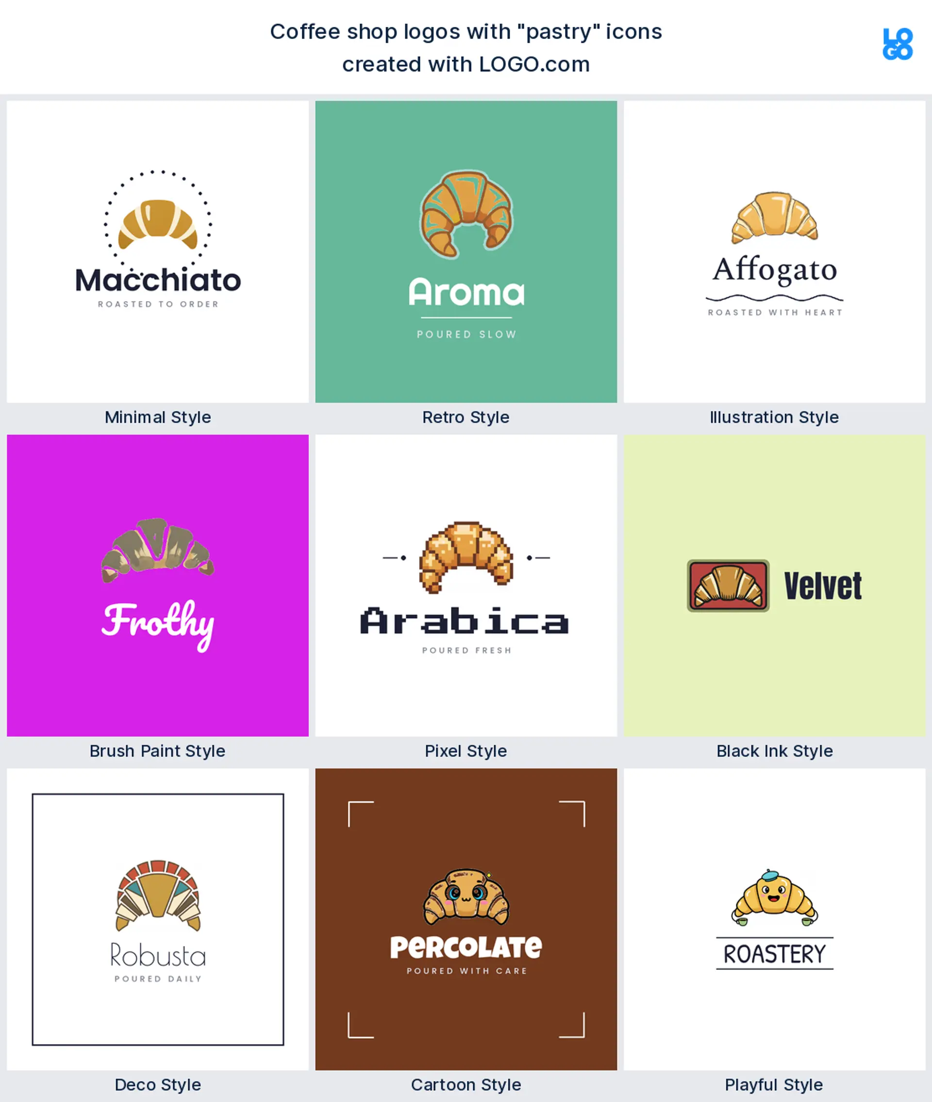 Pastry coffee logo shown in nine LOGO.com styles