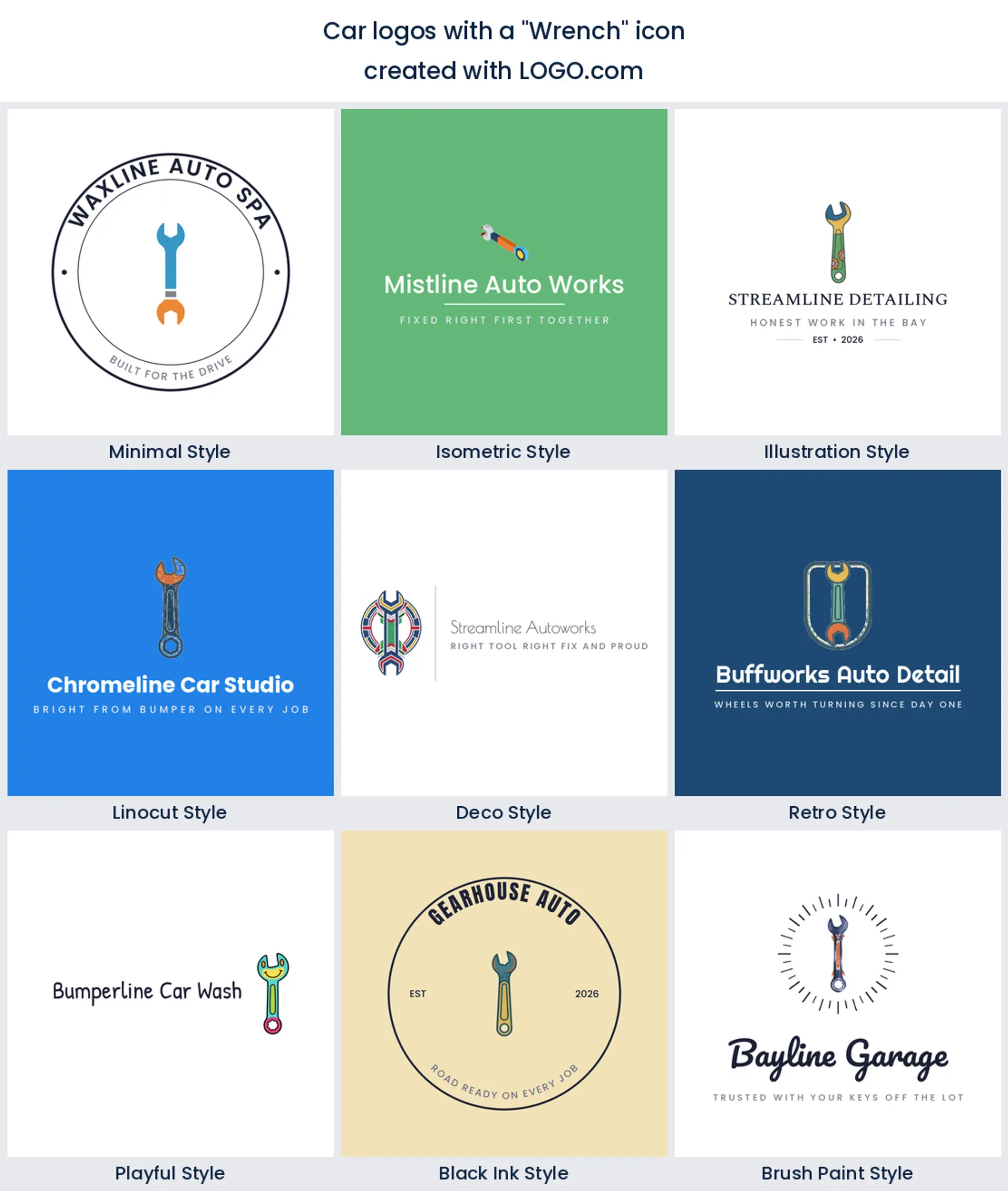 Nine mechanic logos built around a wrench icon, shown in nine different styles.