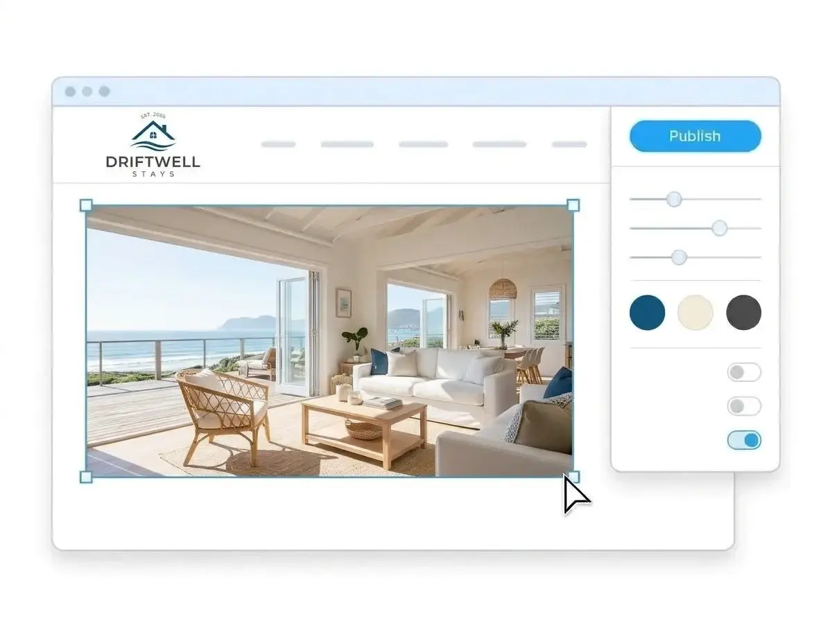 Editing the Driftwell Stays website with a beach house living room photo selected, the style panel open and the Publish button ready