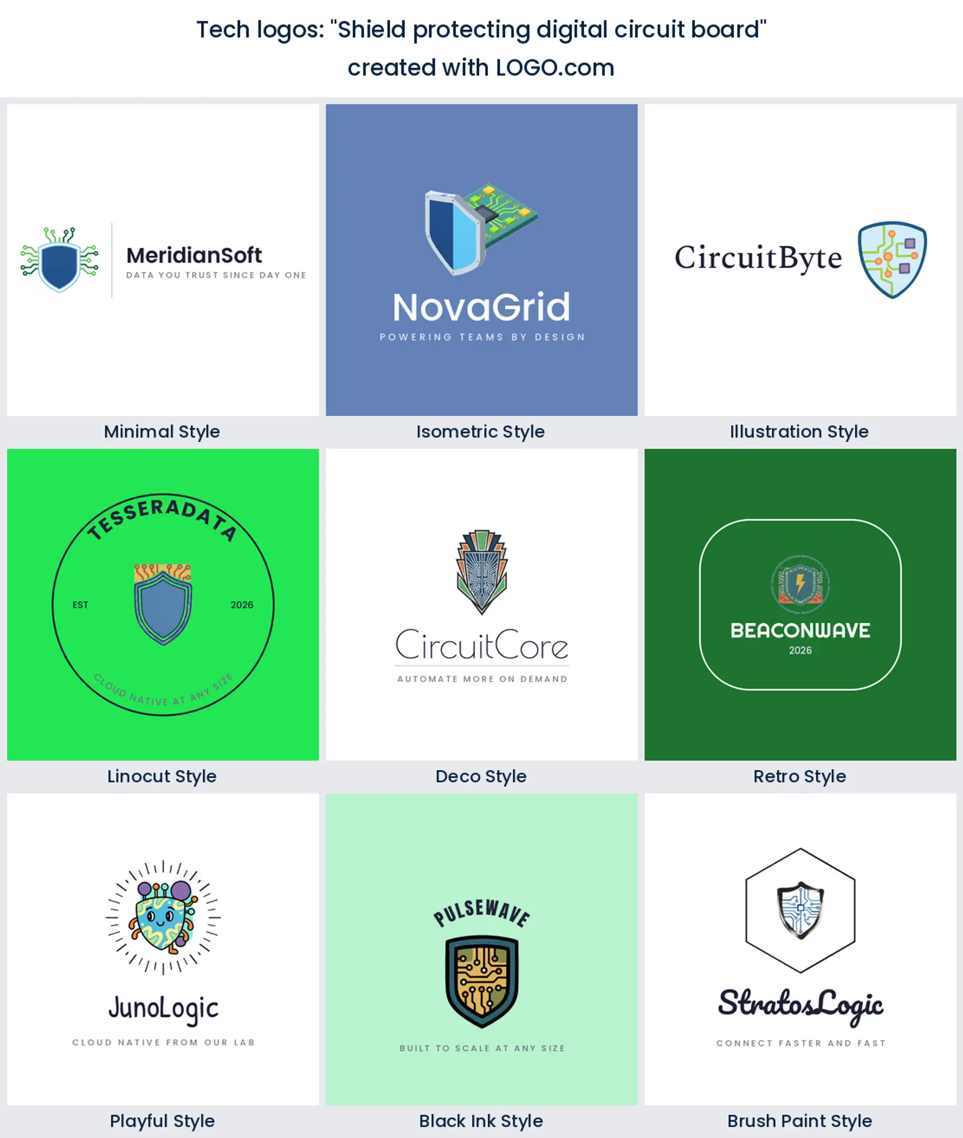 Shield protecting a circuit board tech logo in nine styles.