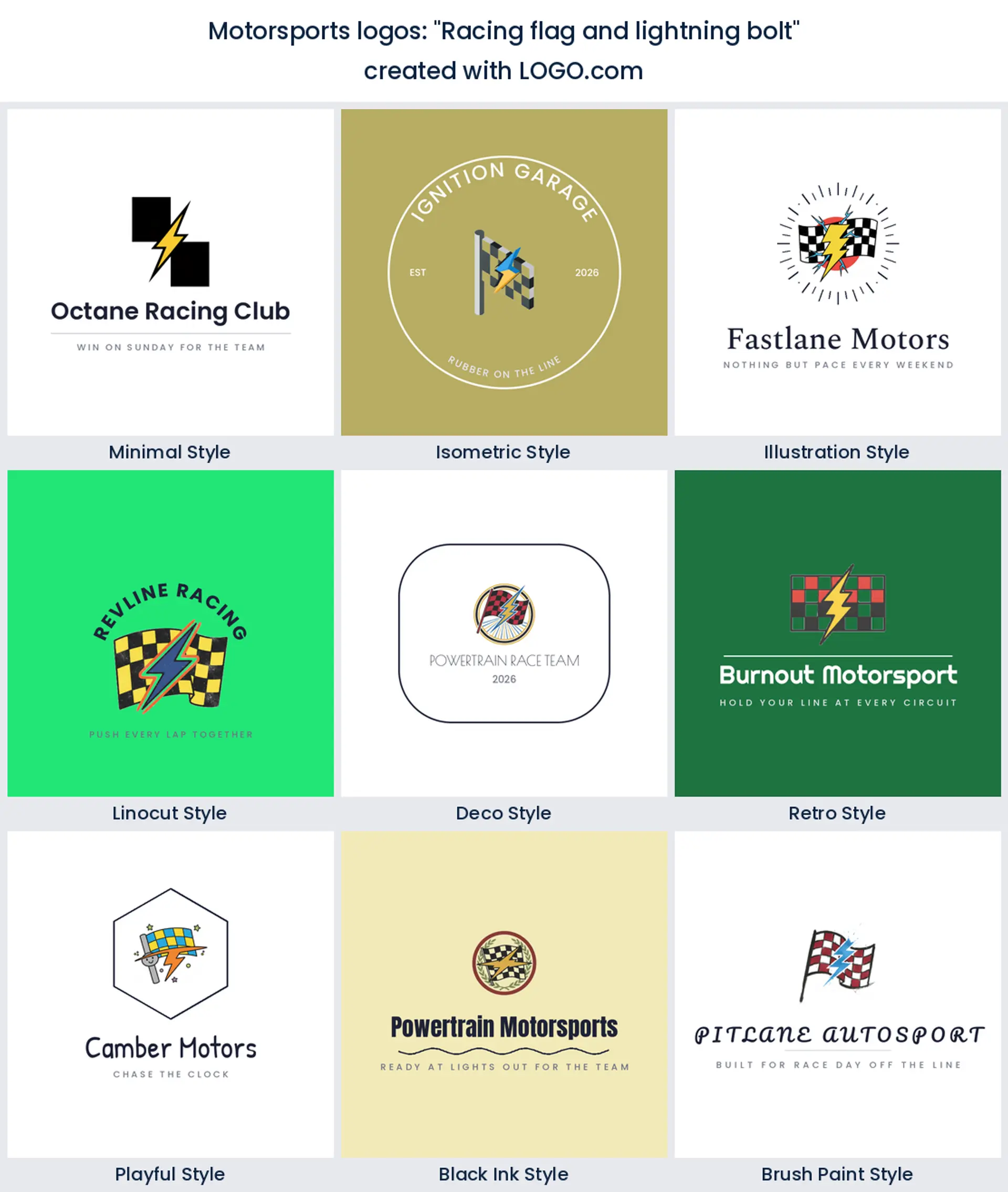 Nine electric racing logos of a flag and lightning bolt, in nine design styles.