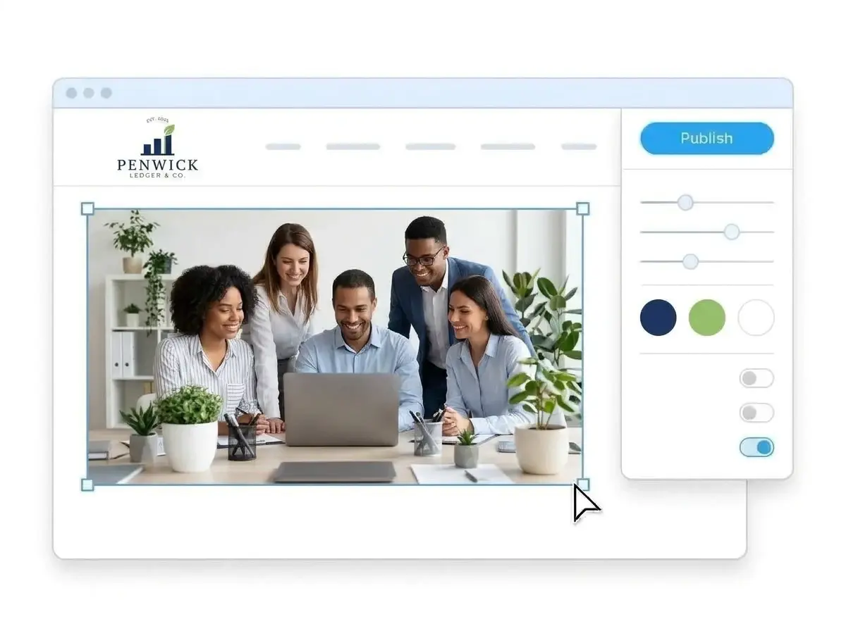 Editing the Penwick Ledger and Co. website with a photo of the accounting team around a laptop selected, the style panel open and the Publish button ready