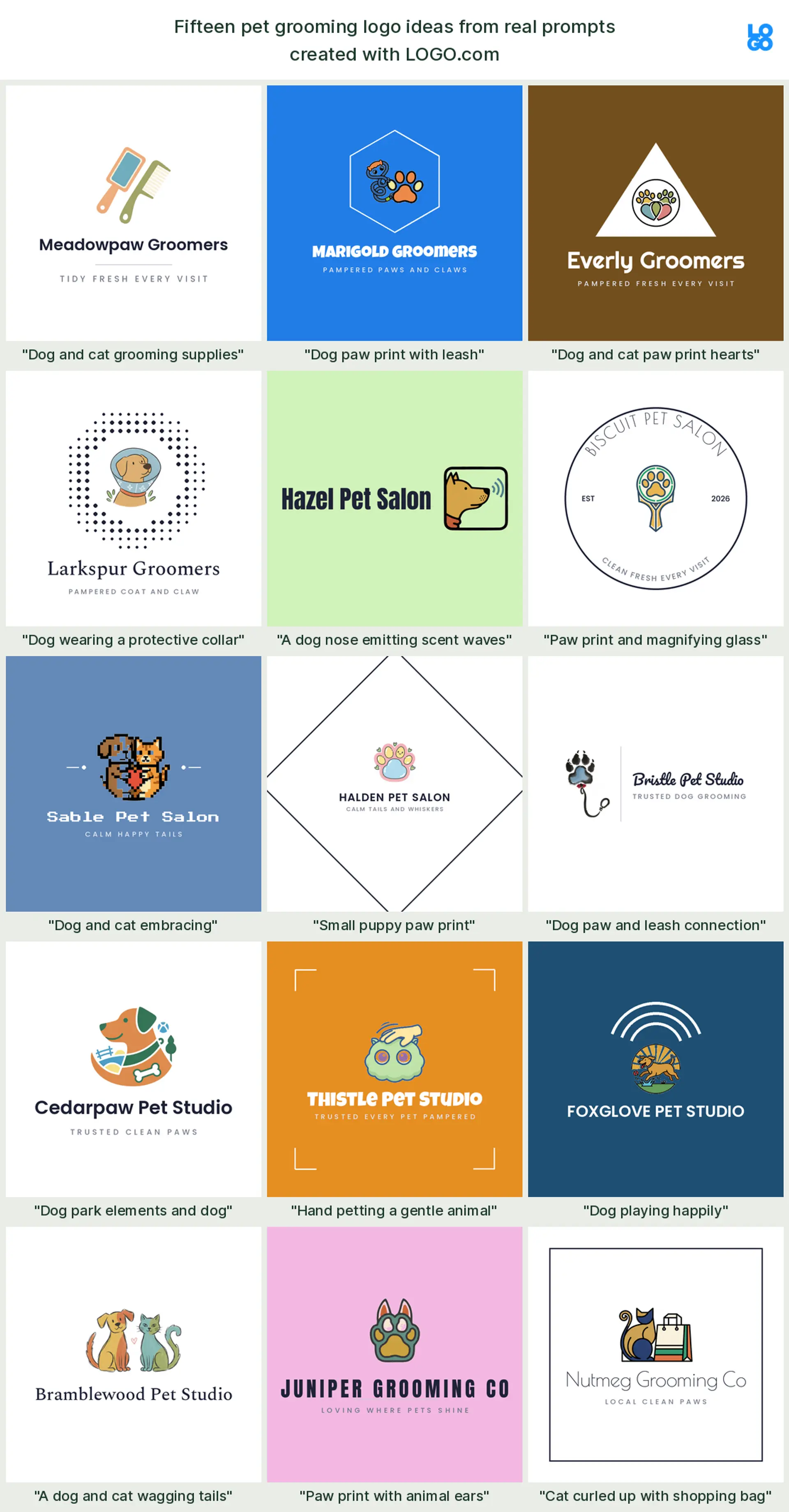 Fifteen pet grooming logo ideas from real founder prompts, a dog grooming logo idea set shown across nine styles