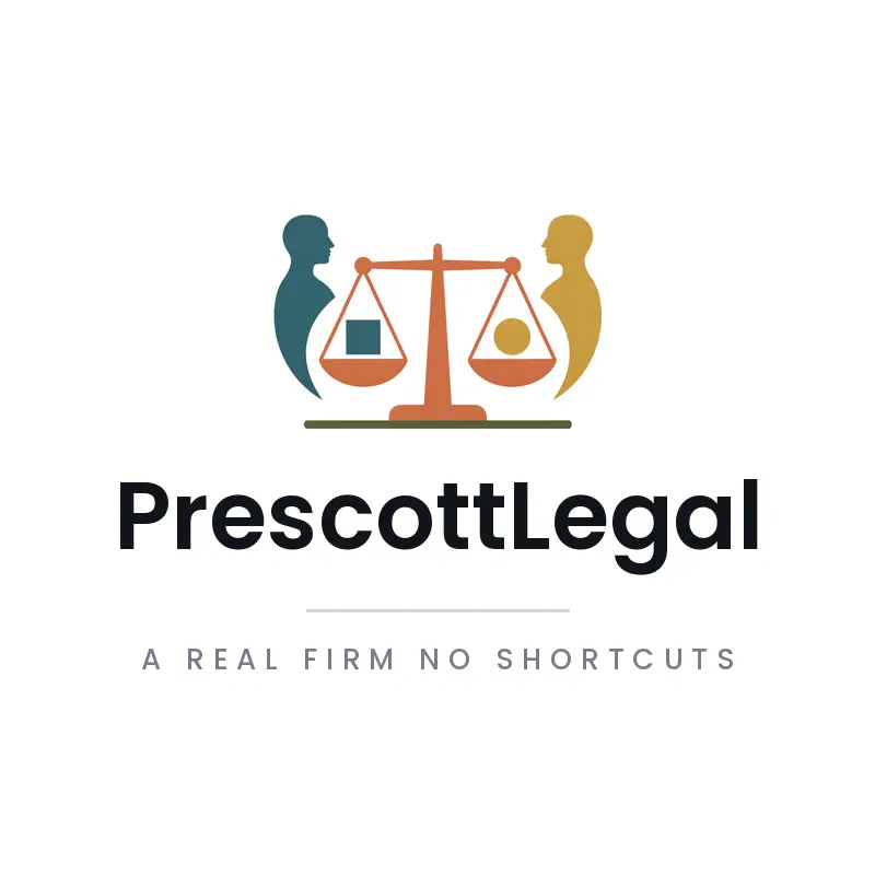 Minimal attorney logo for PrescottLegal with two partner figures either side of balanced scales