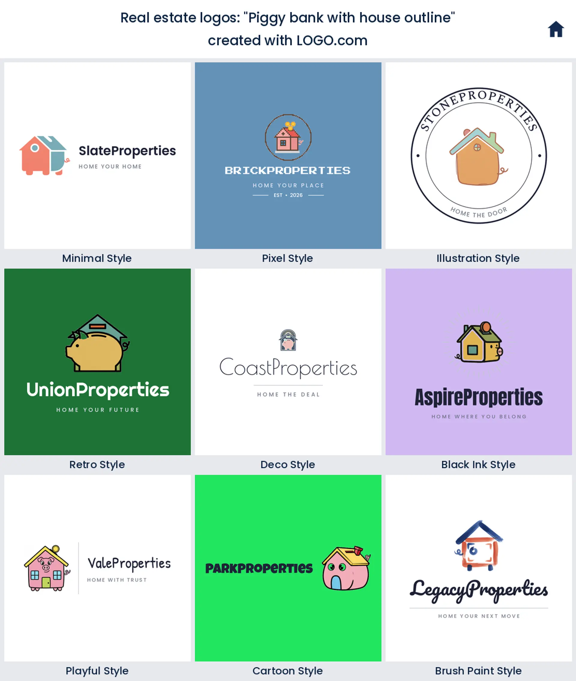 Piggy bank with house outline, a real estate logo idea shown in nine LOGO.com styles