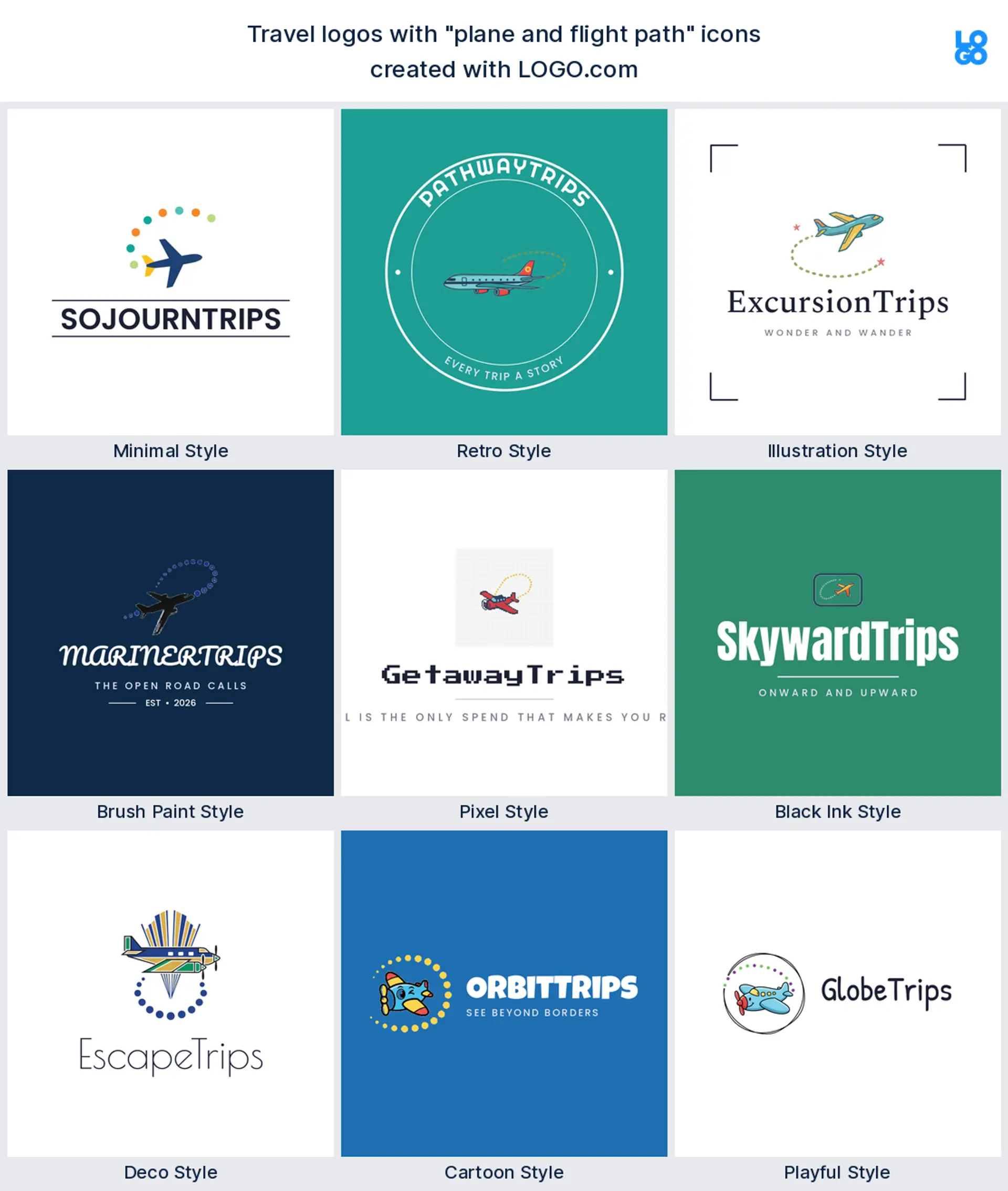 Plane and flight path, minimal travel logo shown in nine LOGO.com styles