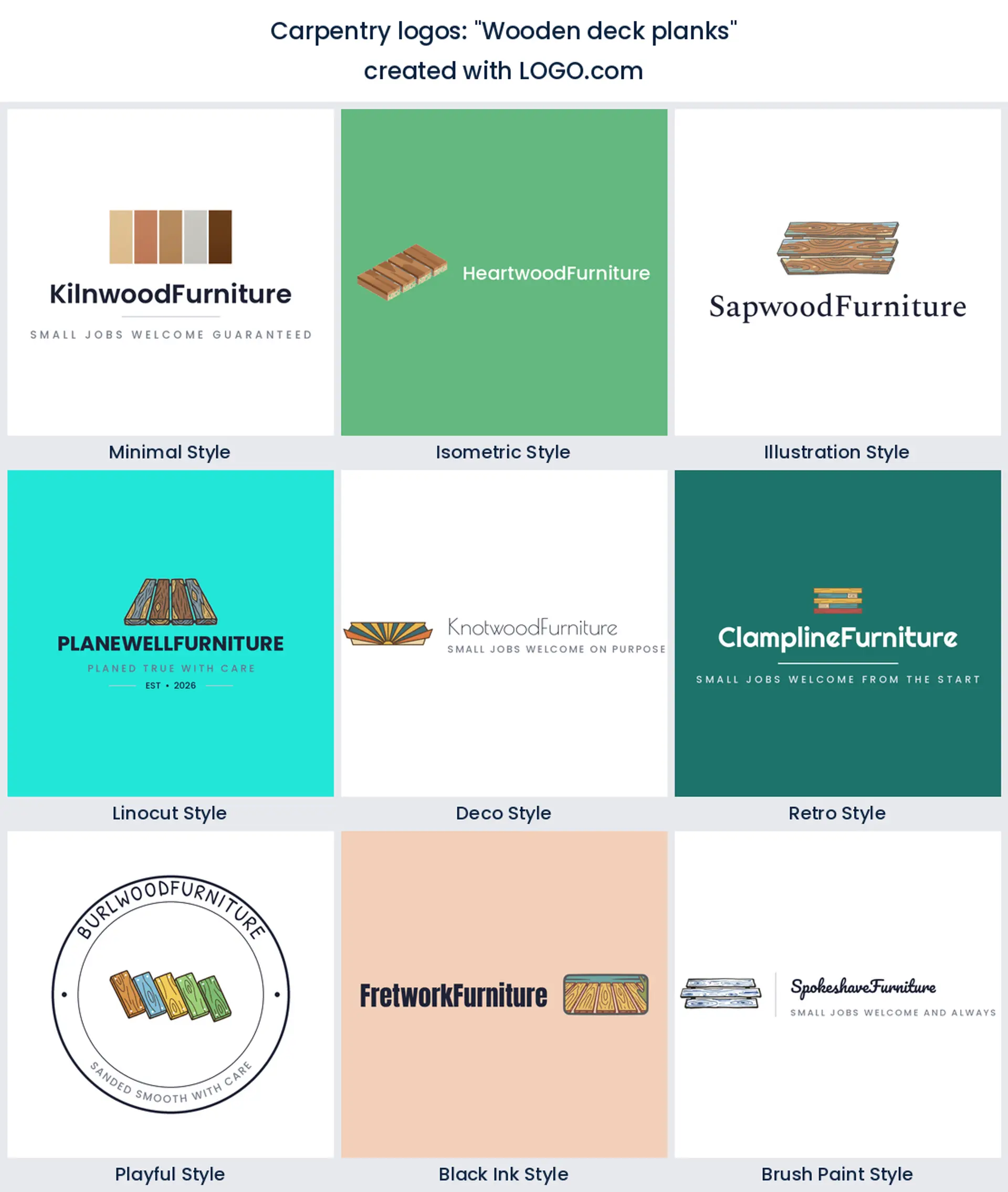 Wooden deck planks logo shown across nine LOGO.com styles