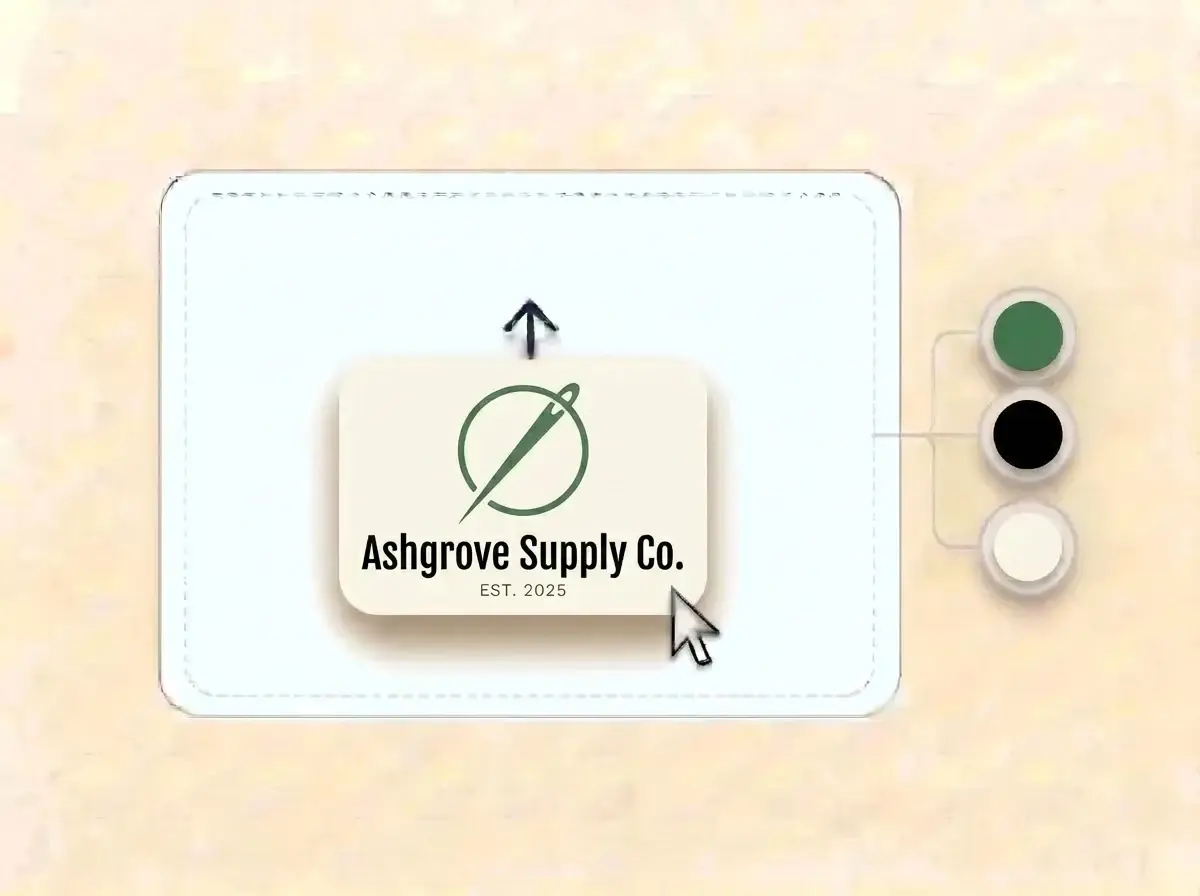 Ashgrove Supply Co. logo, a forest green needle and thread loop on an off white card, dropped into the LOGO.com upload box with its colors split into swatches