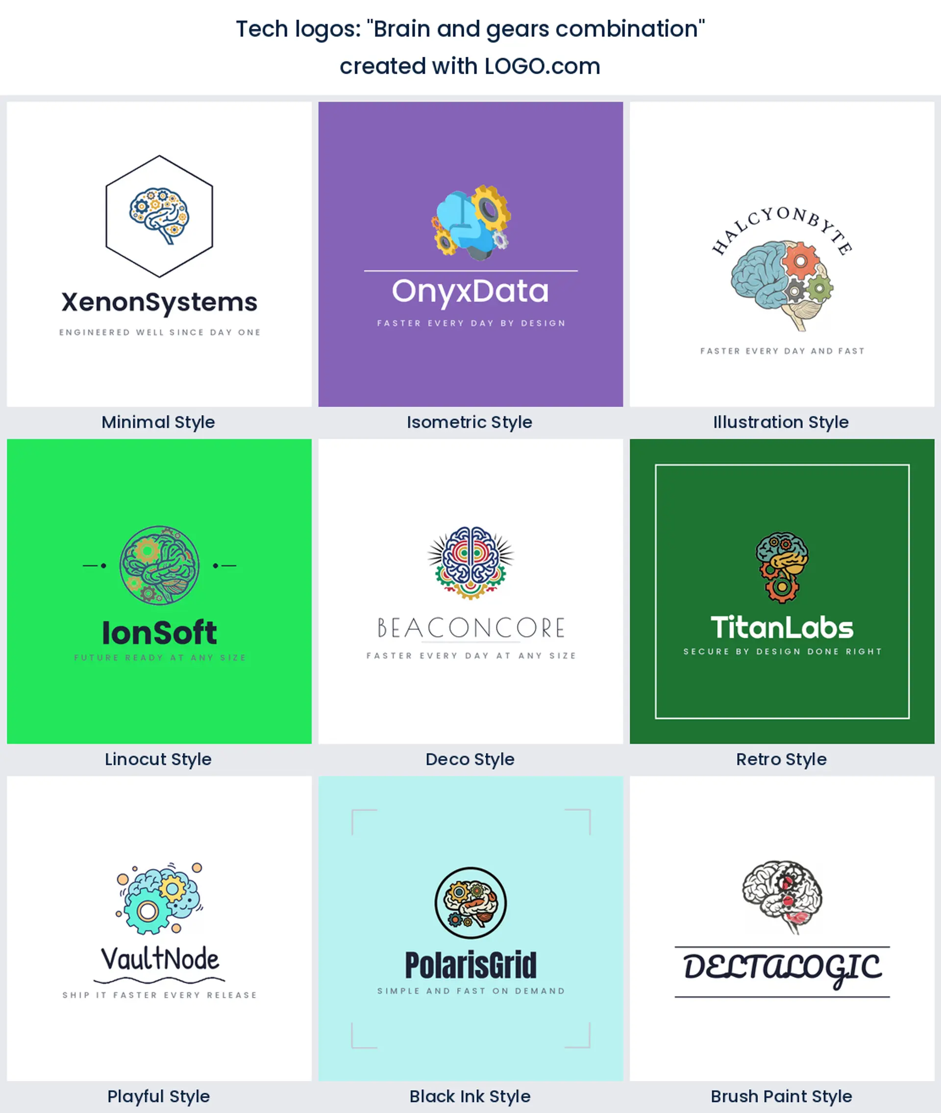 Brain and gears combination tech logo in nine styles.