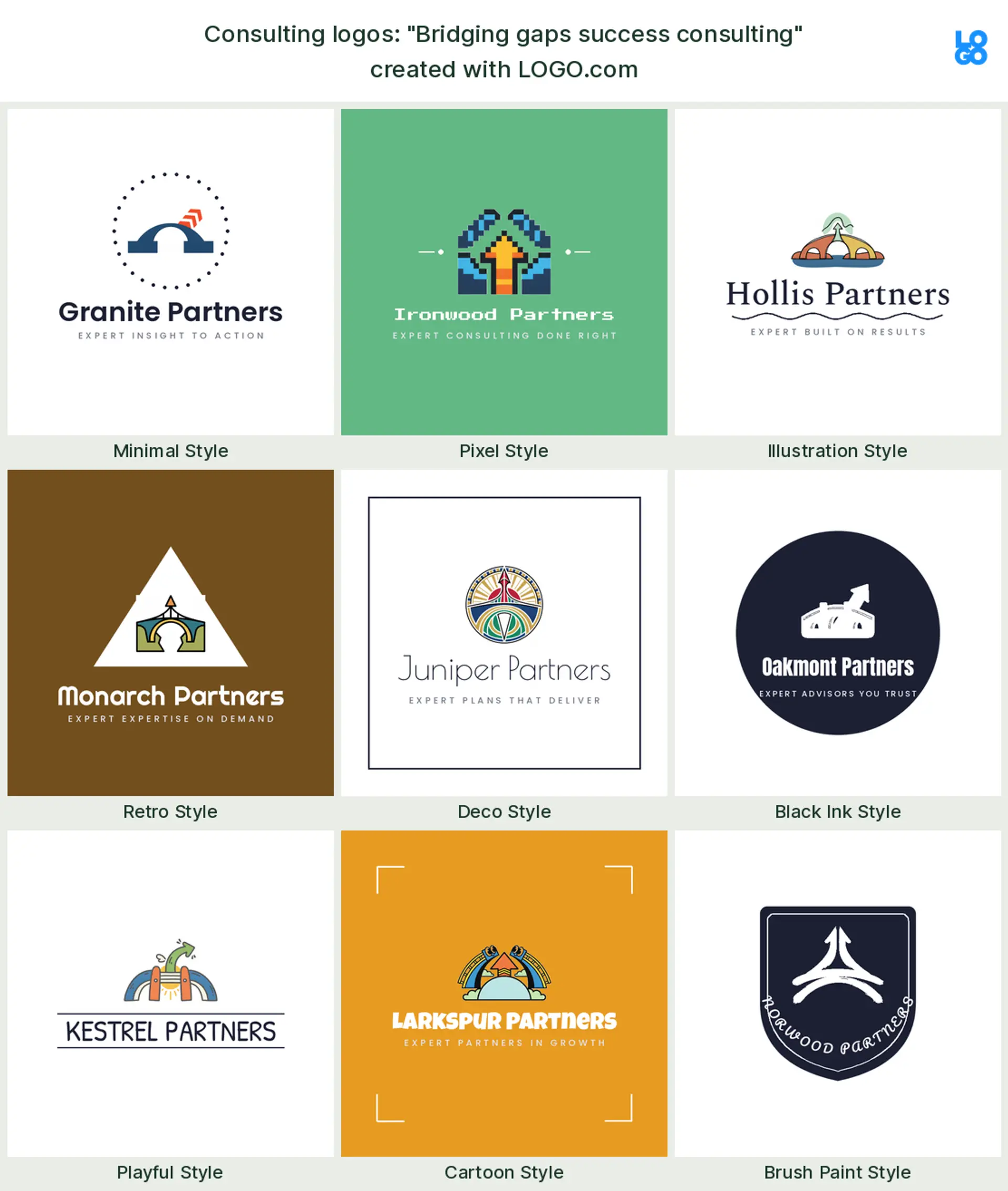 The "Bridging gaps success consulting" business consulting logo idea, shown across nine styles on LOGO.com