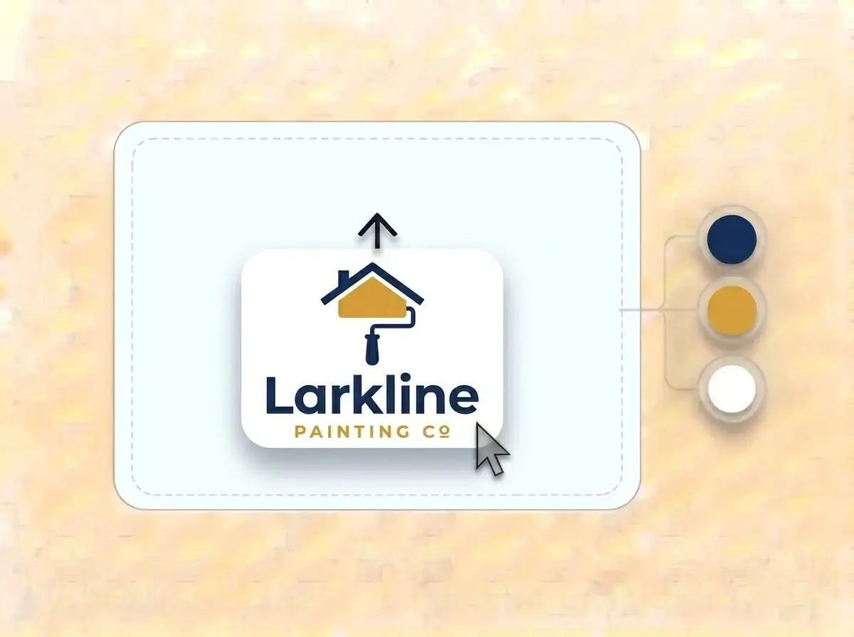 Larkline Painting Co logo, a navy paint roller drawing a mustard roofline on a white card, dropped into the LOGO.com upload box with its colors split into swatches
