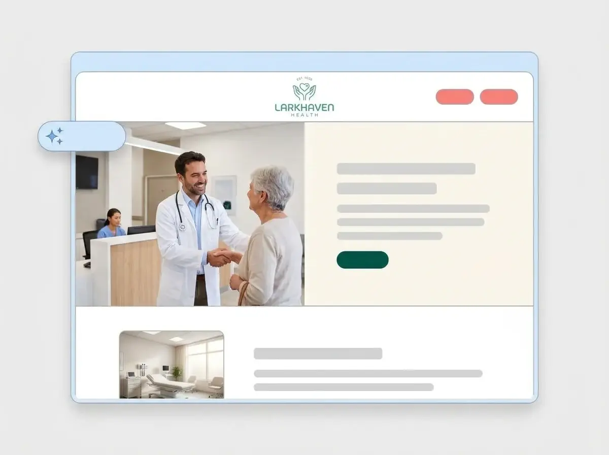 Finished Larkhaven Health website built by LOGO.com from the uploaded logo, with a doctor greeting a patient at reception in the hero and an exam room thumbnail