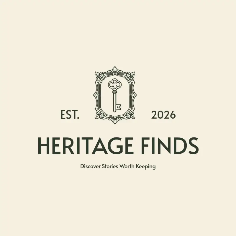 The thrift store name Heritage Finds as a branded logo with a single color icon