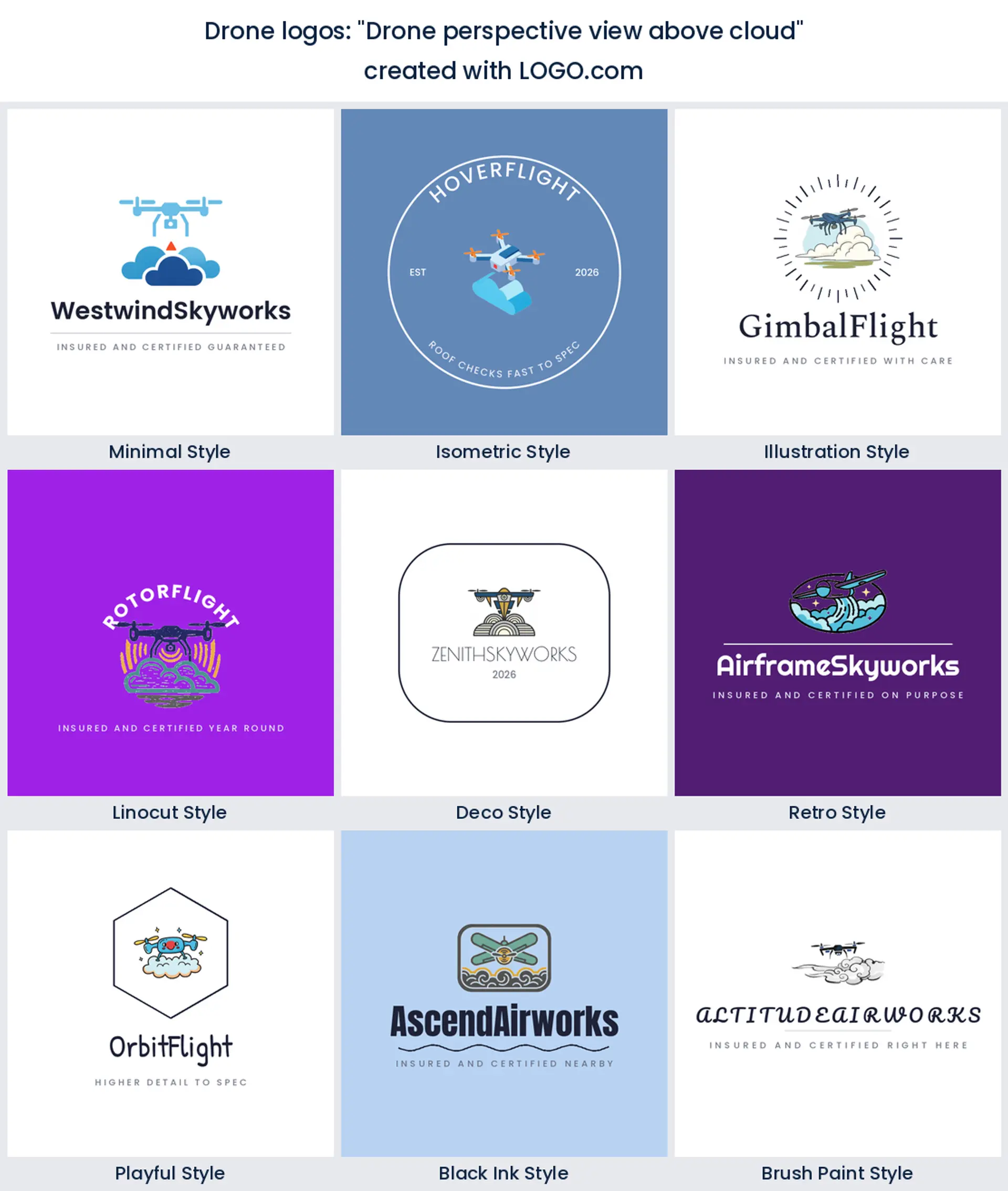Drone above a cloud bank logo shown across nine LOGO.com styles