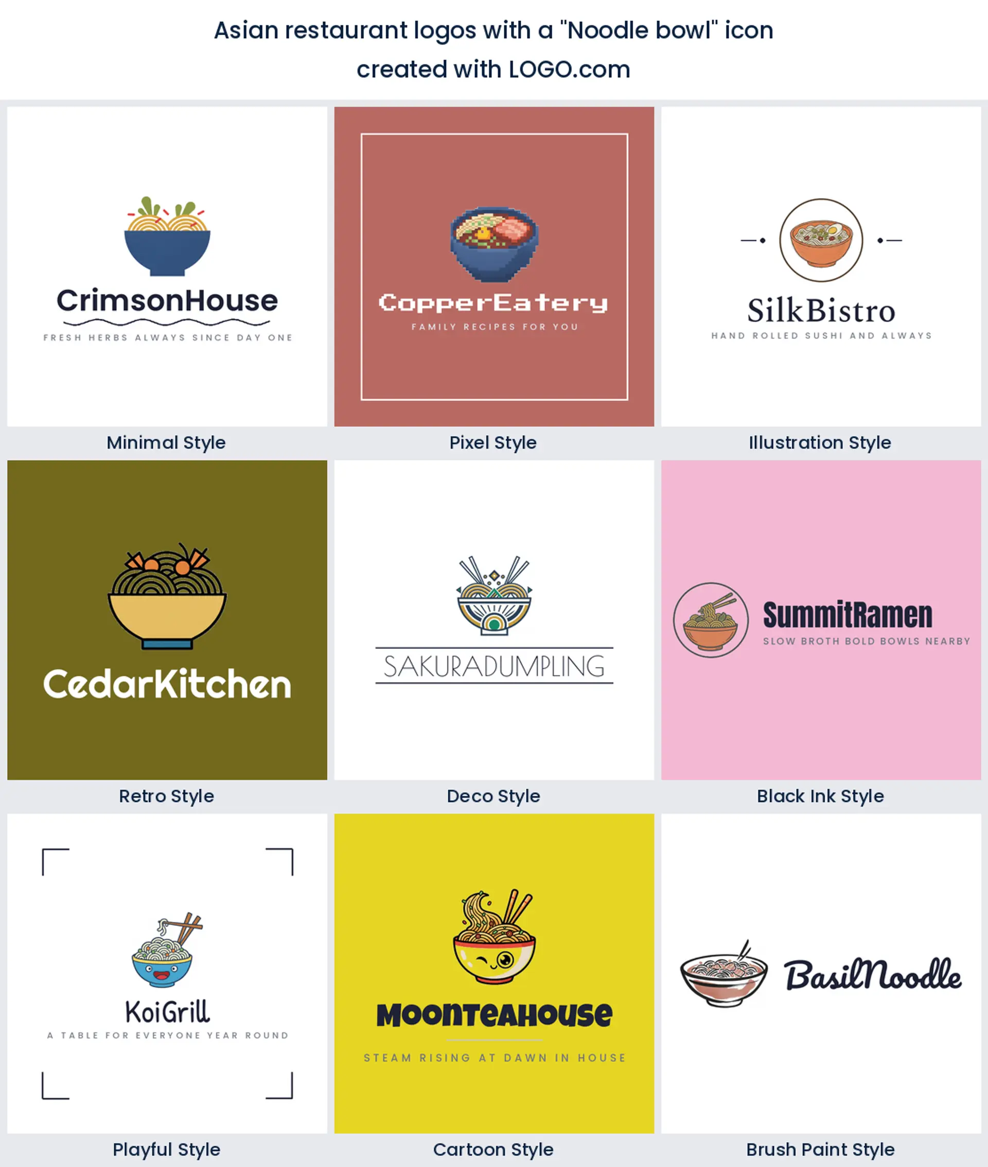 Noodle bowl Asian restaurant logo shown in nine LOGO.com styles.