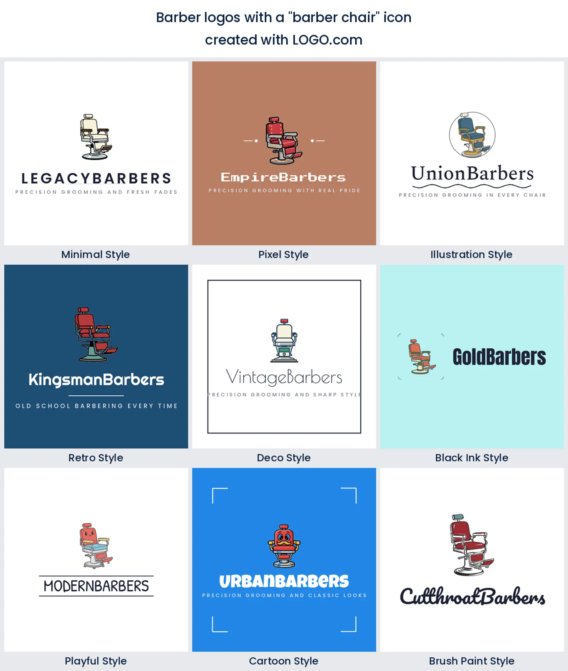 Barber chair logo shown in nine LOGO.com styles.