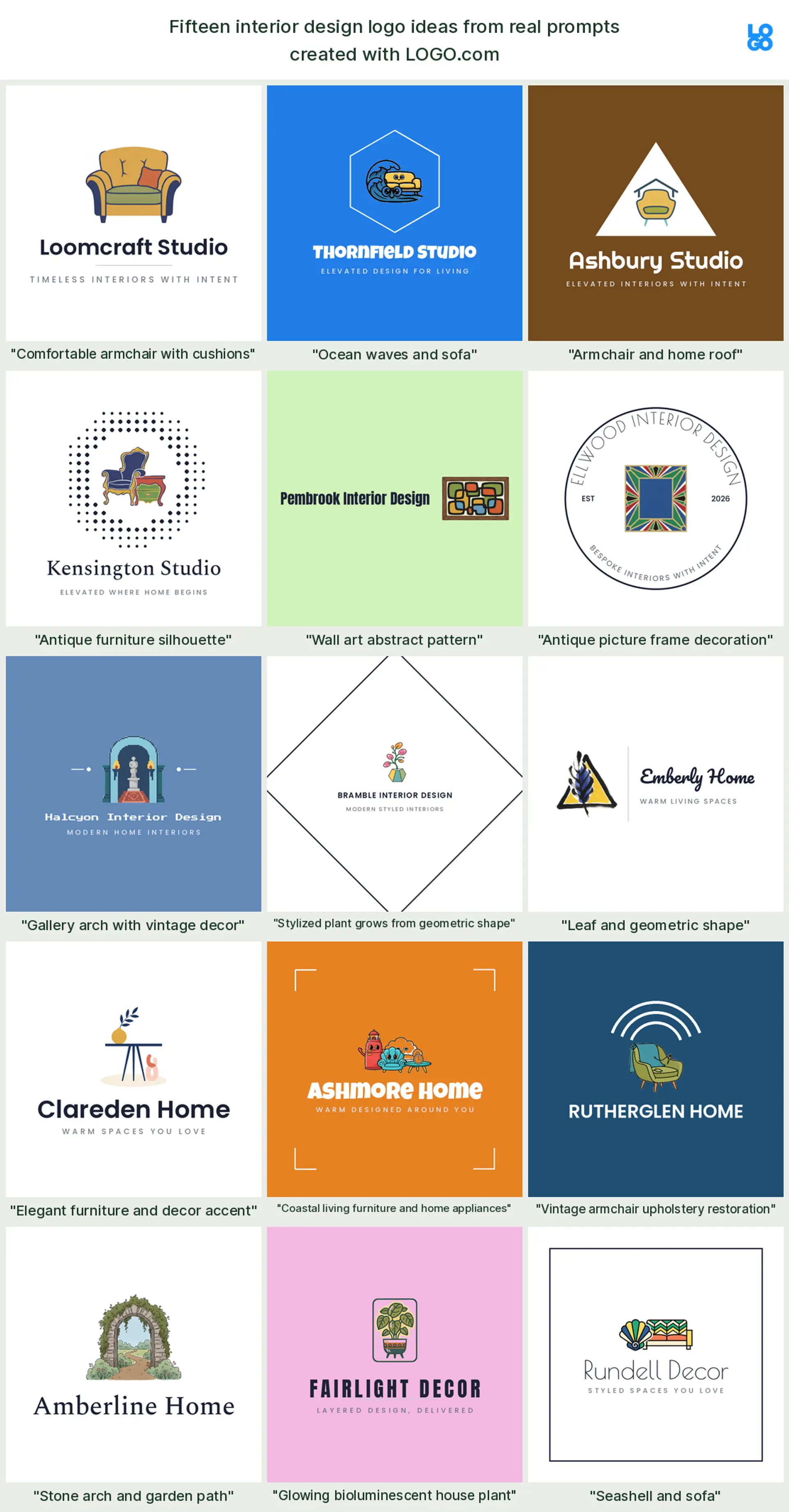 Fifteen interior design logo ideas from real founder prompts, shown across nine styles
