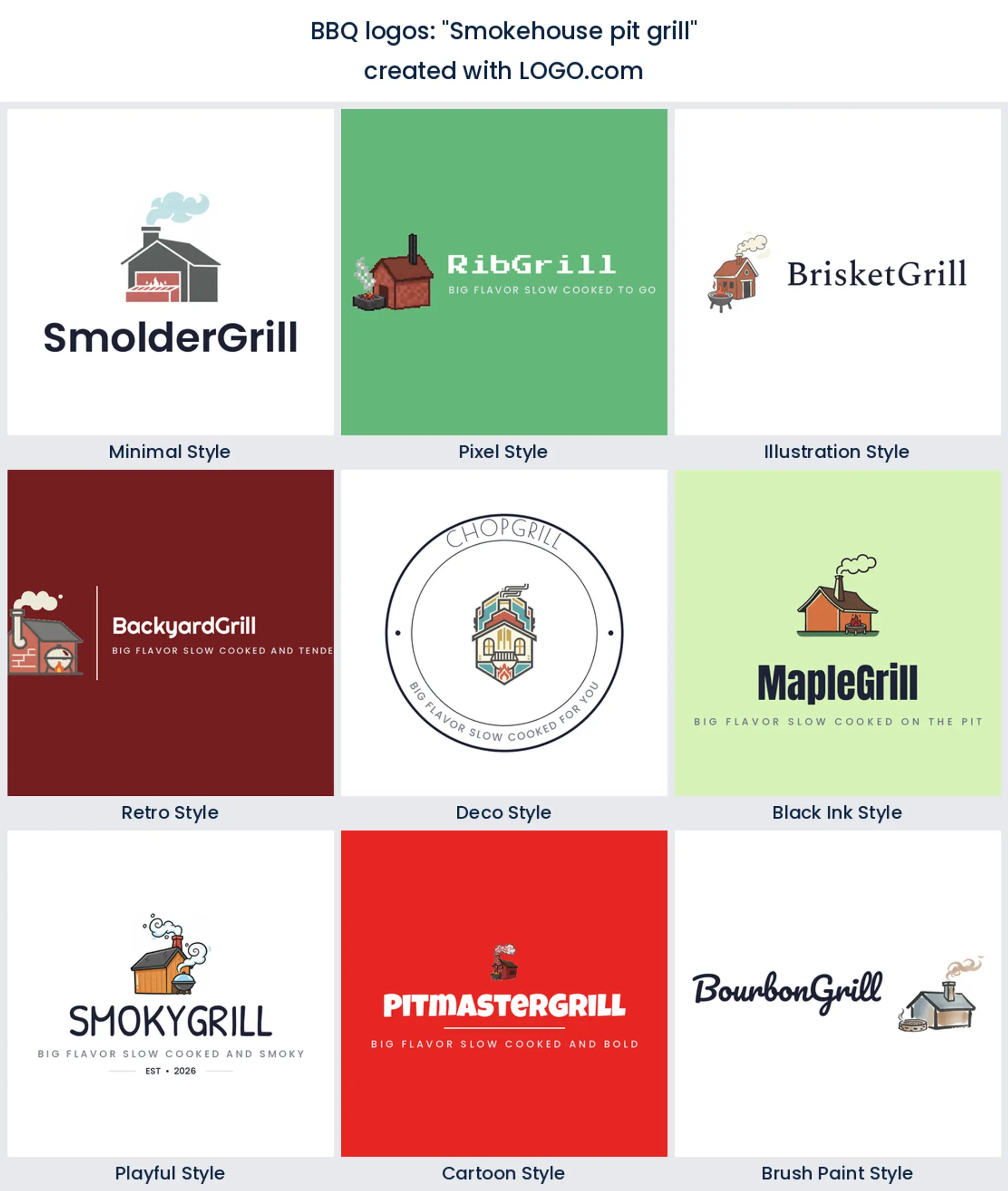 Smokehouse pit grill logo in nine styles.