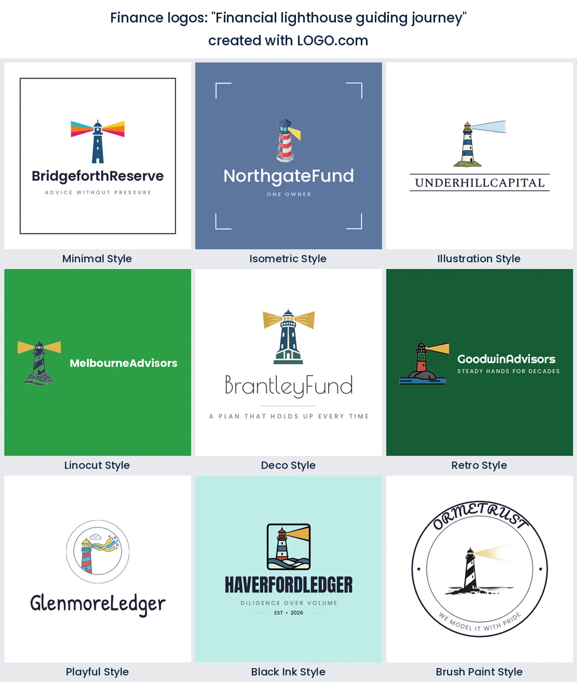 Nine styles of financial planning logo with a lighthouse and a beam of light
