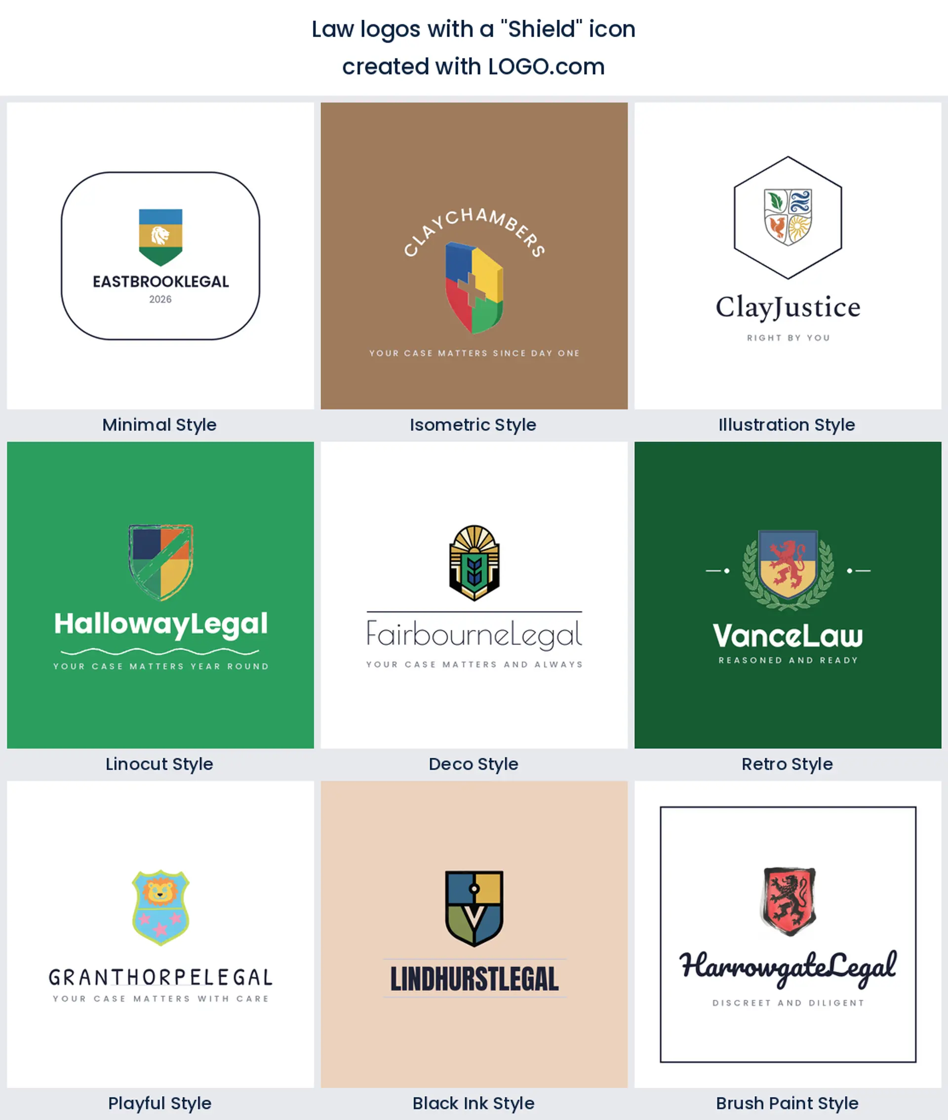 Shield marks for legal brands shown across the nine logo styles