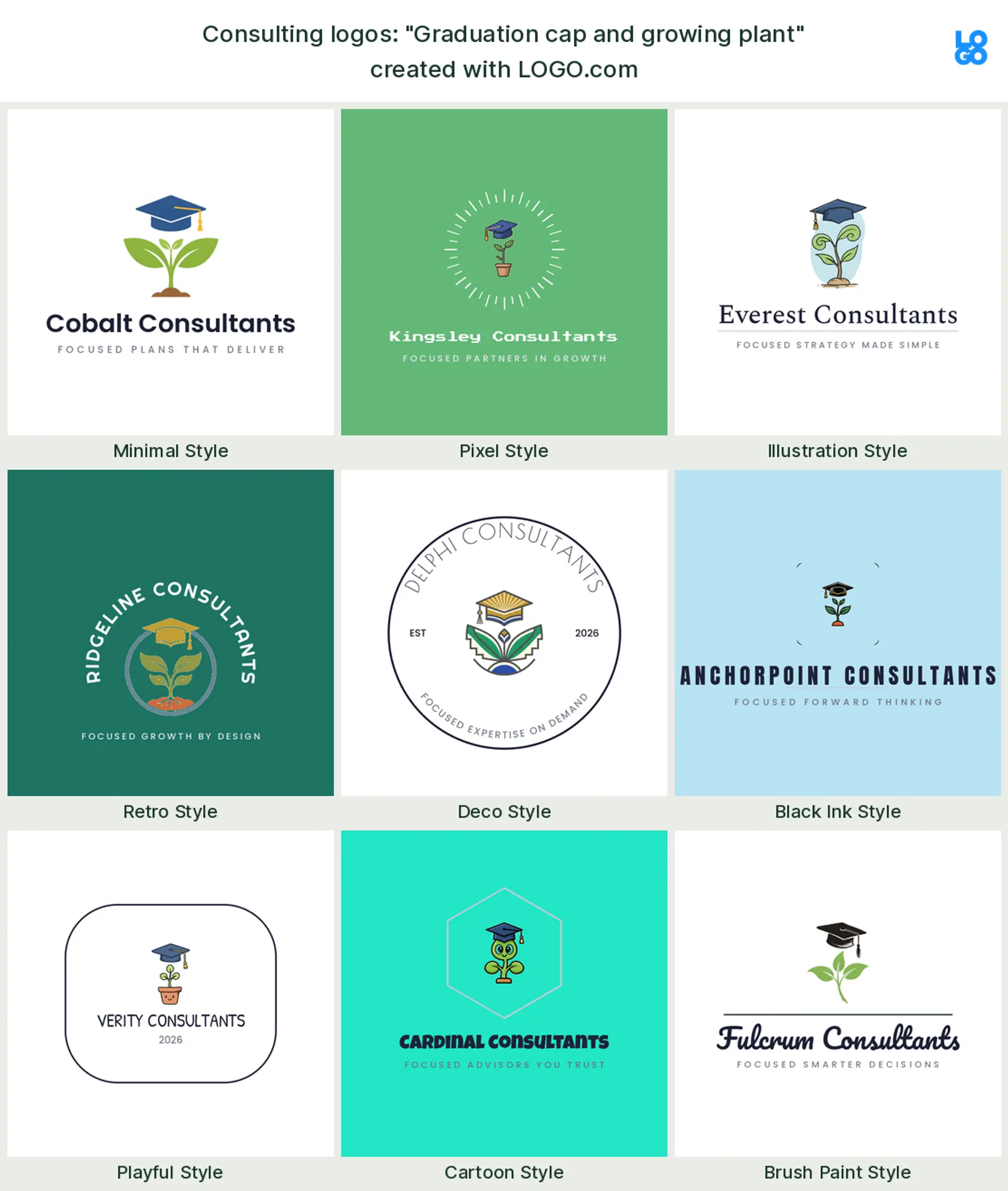 The "Graduation cap and growing plant" business consulting logo idea, shown across nine styles on LOGO.com
