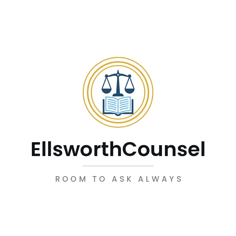 Minimal law logo with balanced scales above an open book for EllsworthCounsel