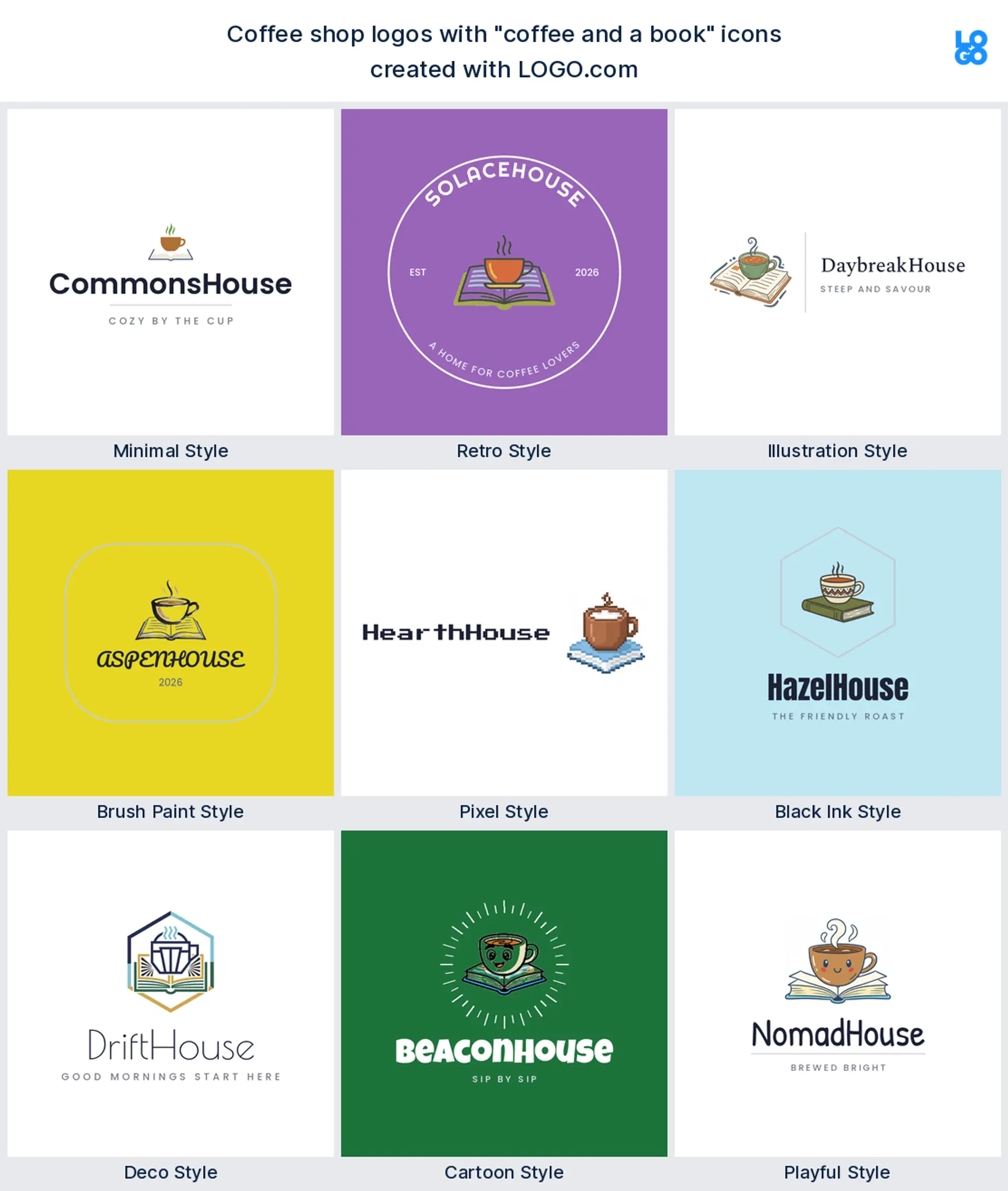 Coffee and a book logo shown in nine LOGO.com styles