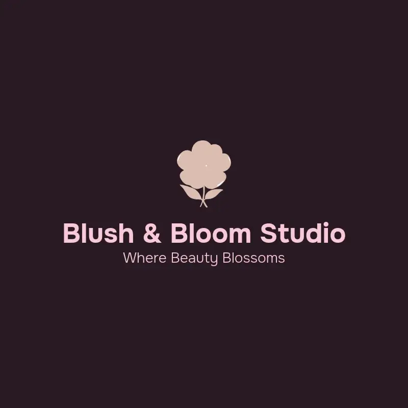 The makeup name Blush & Bloom Studio as a branded logo with a single color icon