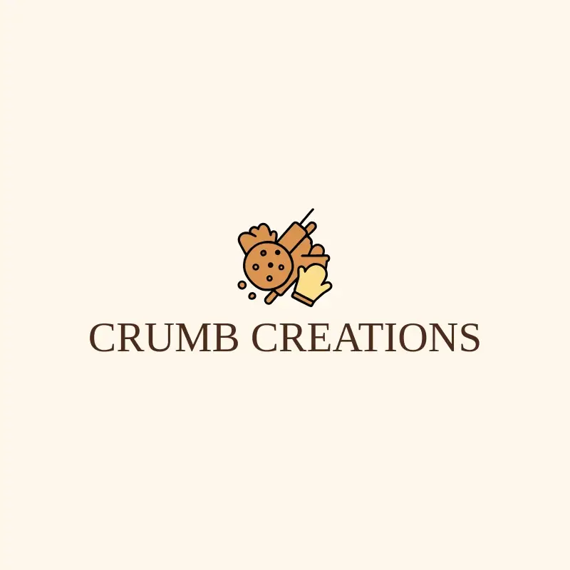 The cookie business name Crumb Creations as a branded logo with a color icon