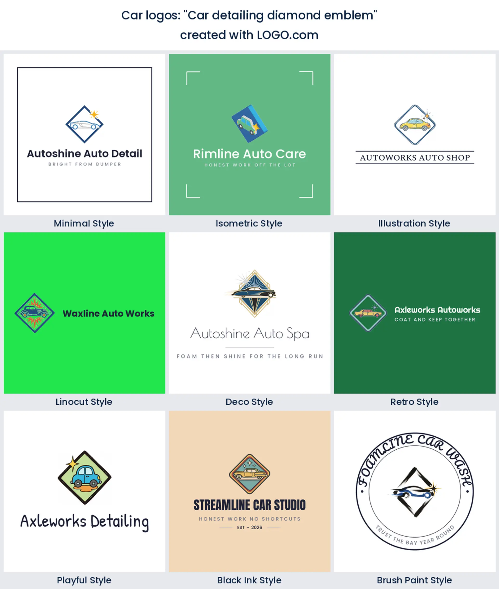 Nine detailing studio logos of a diamond emblem holding a car, in nine design styles.