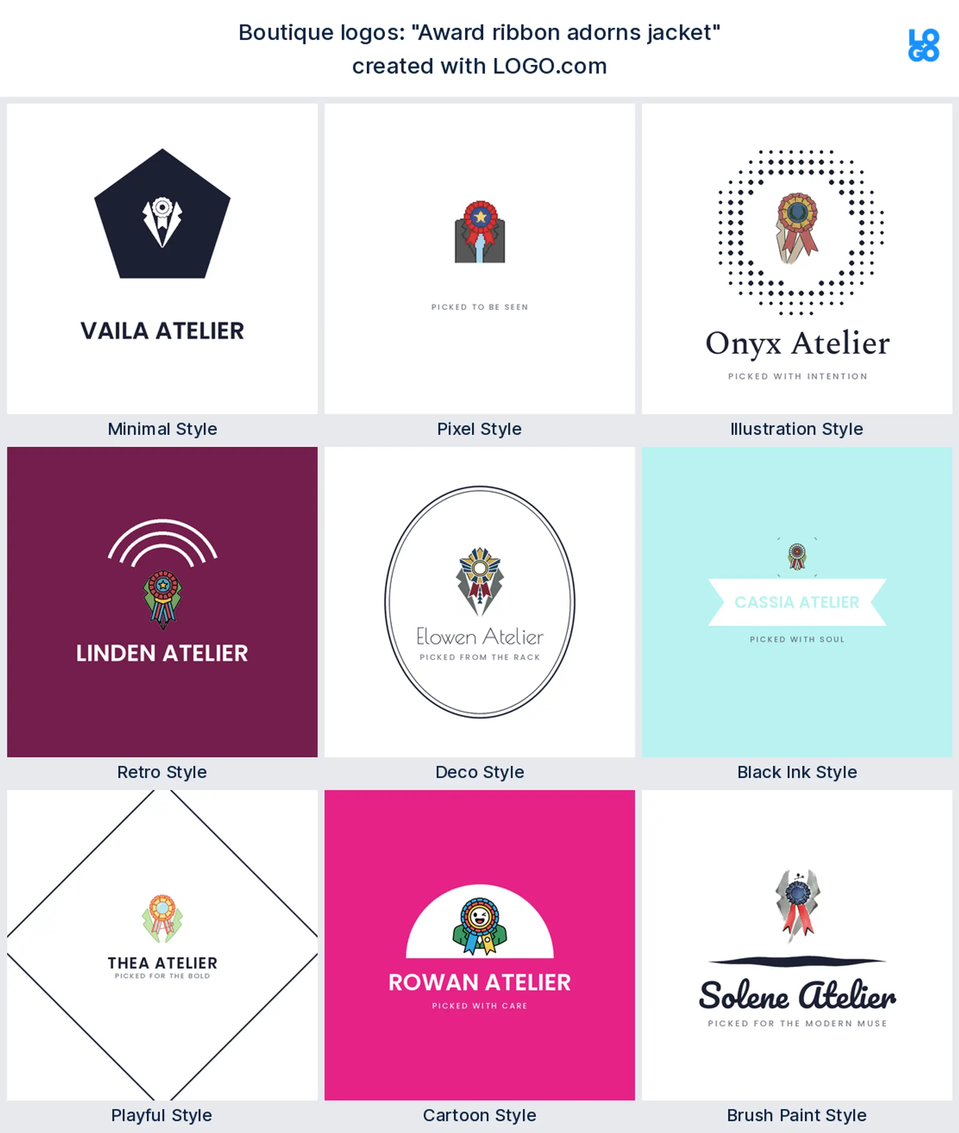 The Award ribbon adorns jacket boutique logo idea shown across nine LOGO.com styles