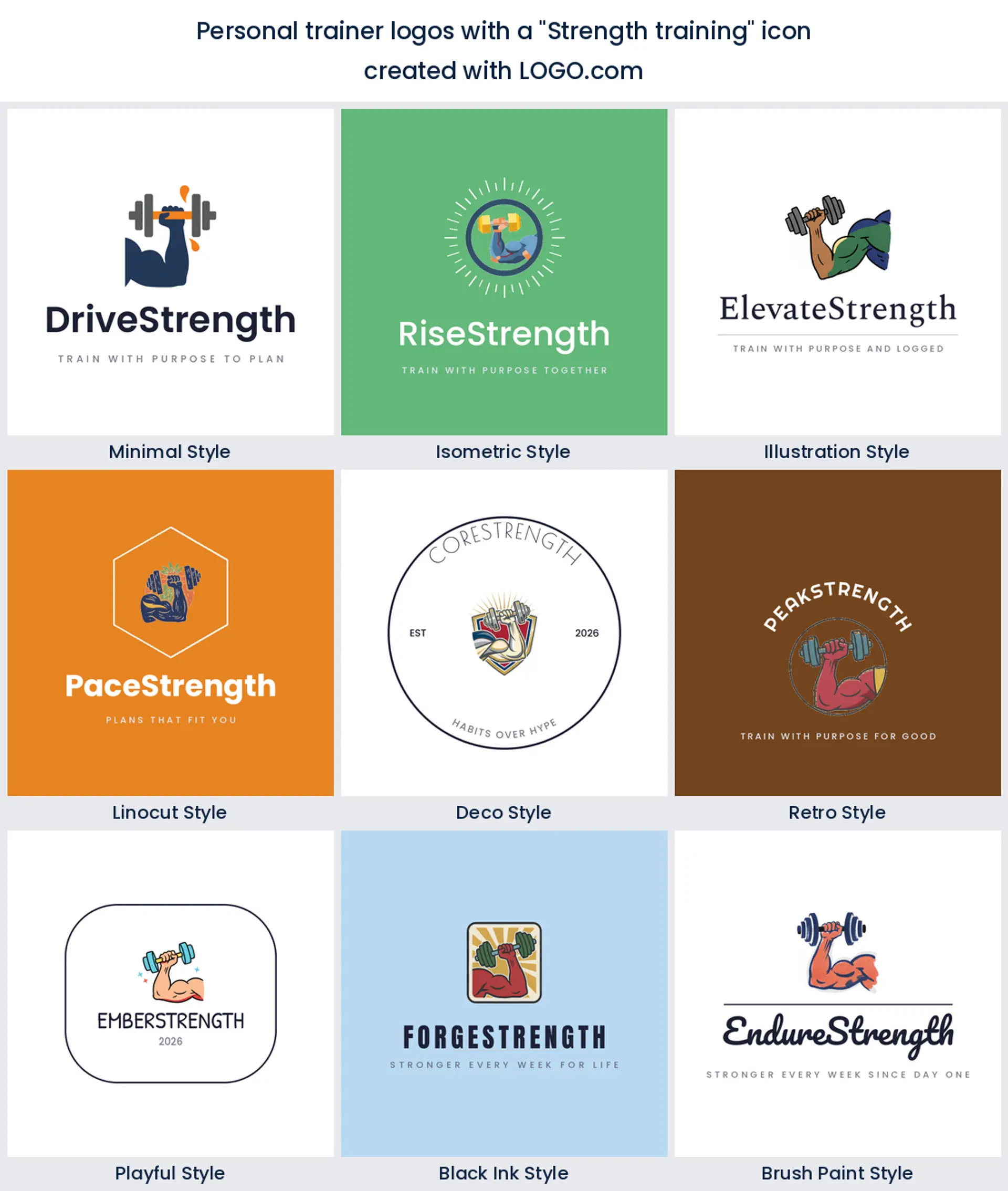 Flexed arm strength training logo shown across nine LOGO.com styles